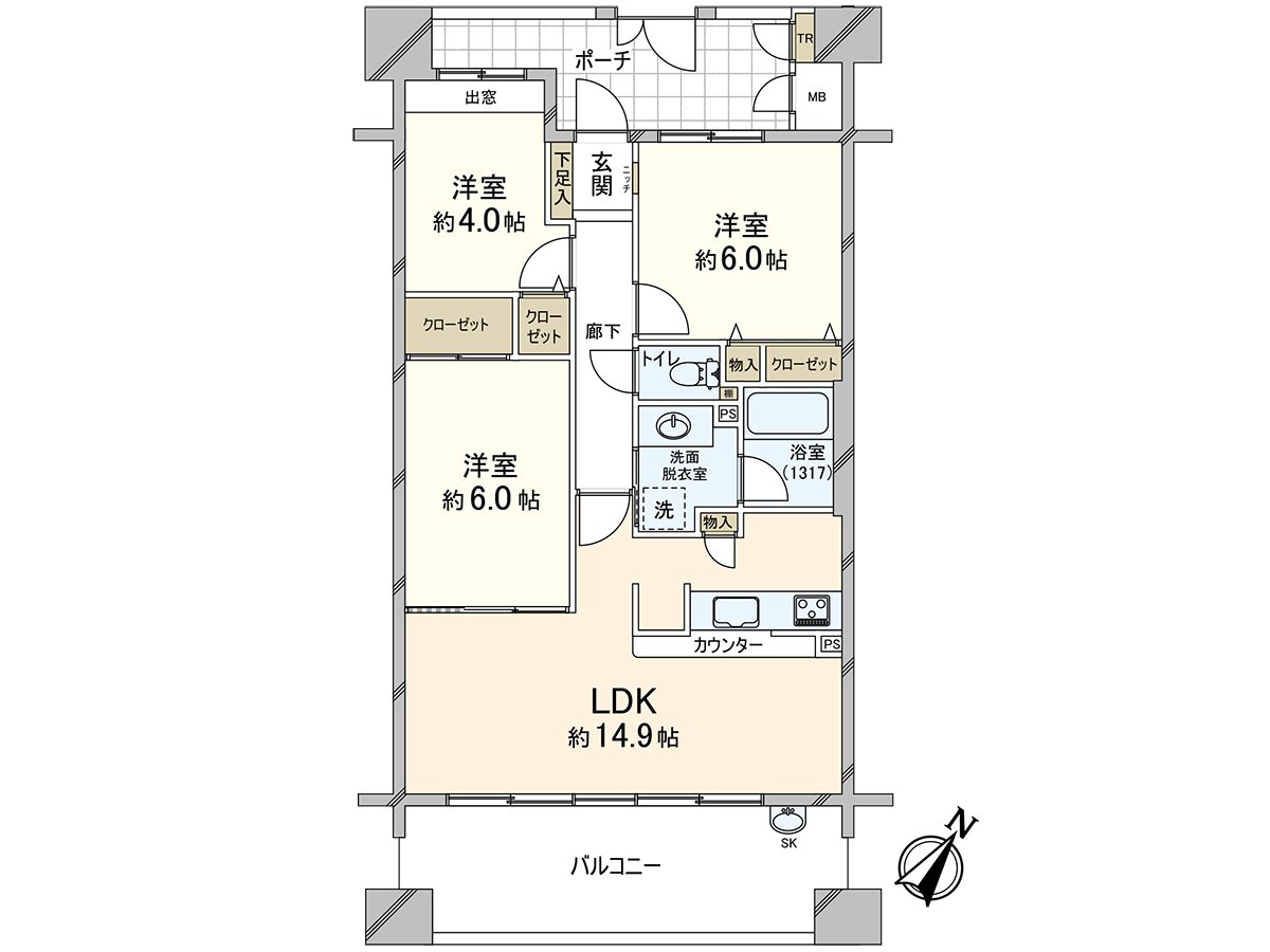 是适合东南的全室木地板的3LDK的房间。