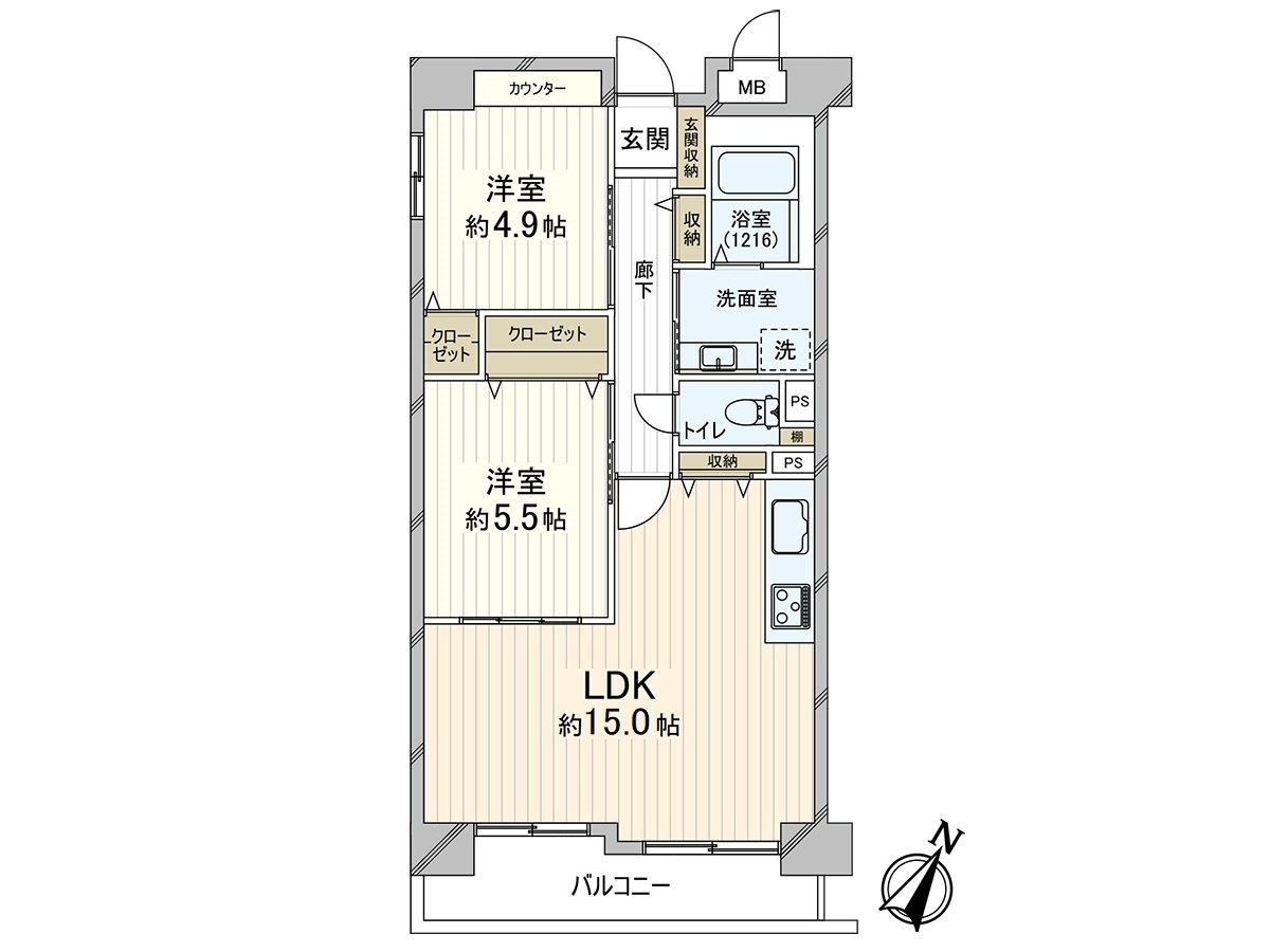私人使用面積58.36平方公尺、2LDK的房型