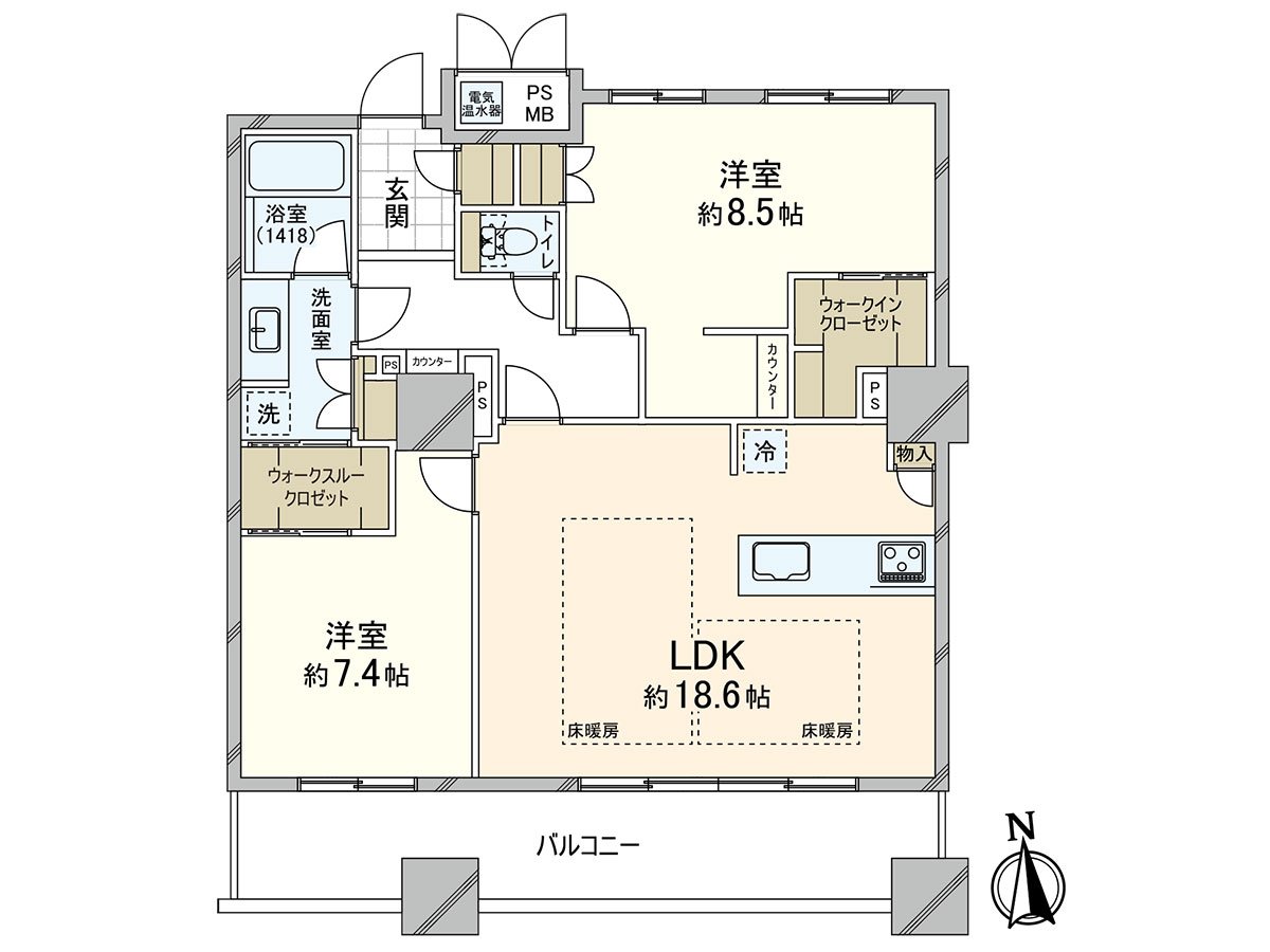 是朝南，全室木地板的2LDK的房间。