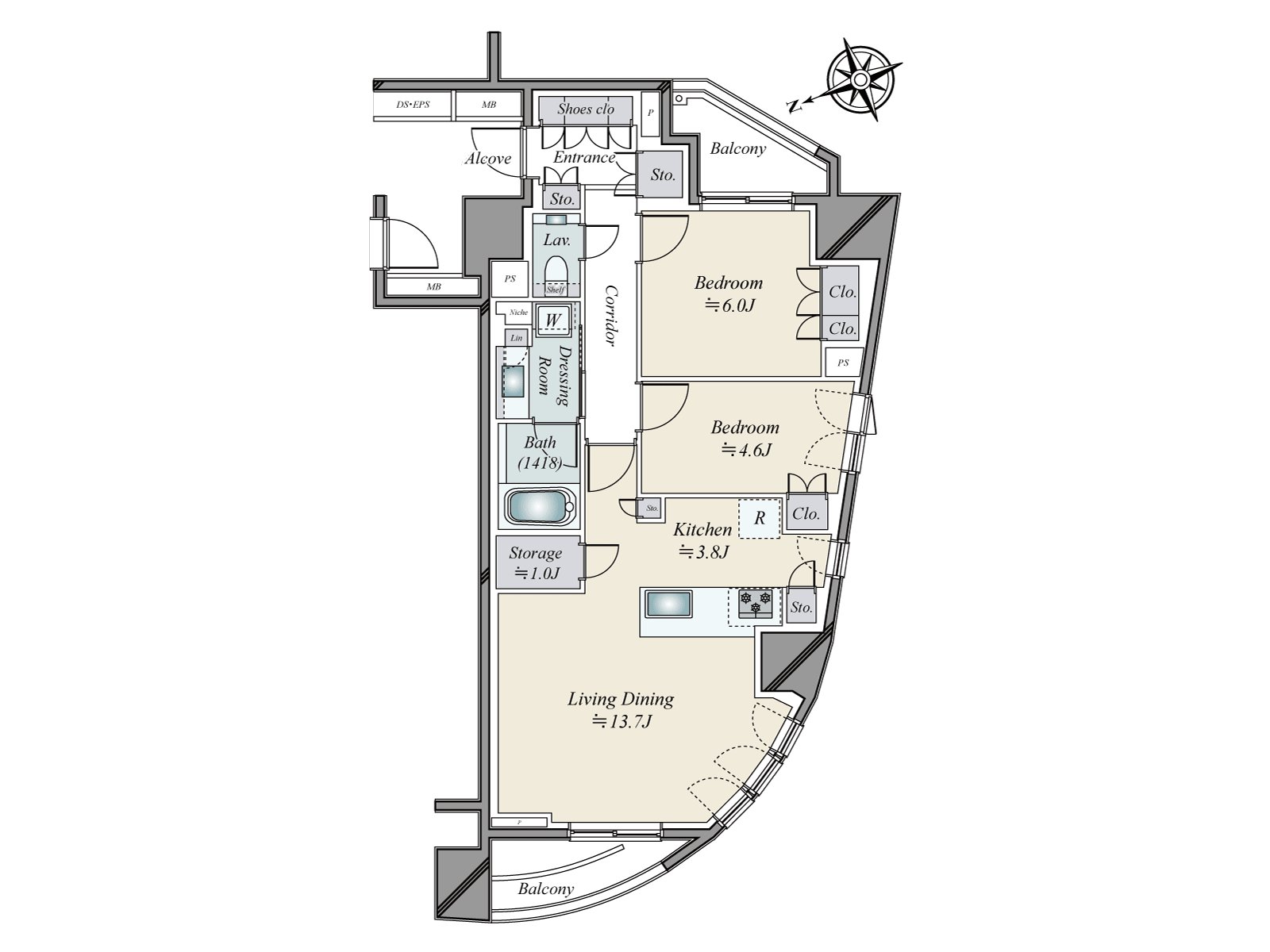 It is a storage in 2LDK with a certain space space more than exclusive area 70m2, two terrace, each room storing, the entrance and the living room