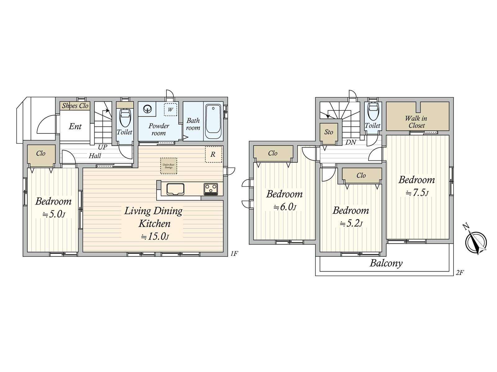 As a washing face room is installed in the back of the kitchen, a housework line of flow is smooth. Reduction of working hours of the housework comes true. The everywhere is provided with the storage space including WIC and the corridor storing, too.
