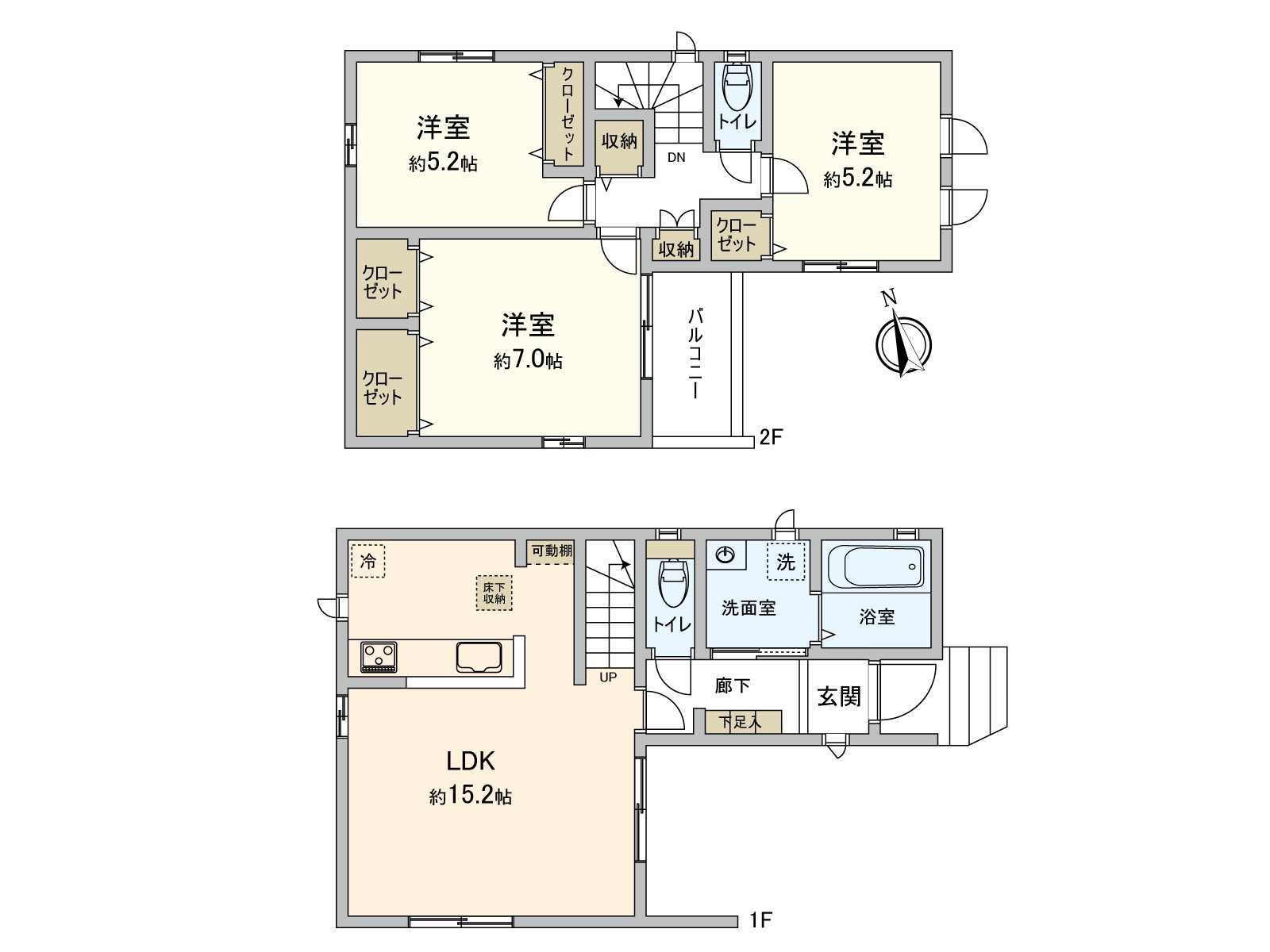 家族聚集的LDK是約15.2張塌塌米面積。能從客餐廳和正門大廳的2方向連接洗臉室。回家之後的洗手以及漱口也是順利的房型。