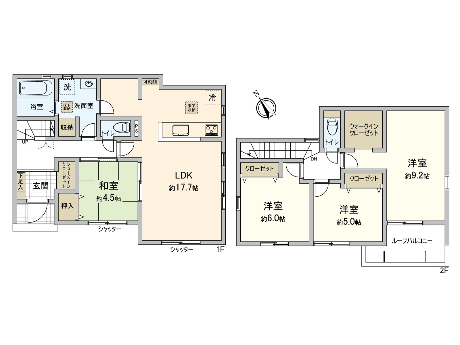 LDK where families gather is about 17.7 quires of area. I can access a washing face room from the two directions of kitchen and the entrance hall. Hand-washing and the gargle after the return are smooth Plan, too.