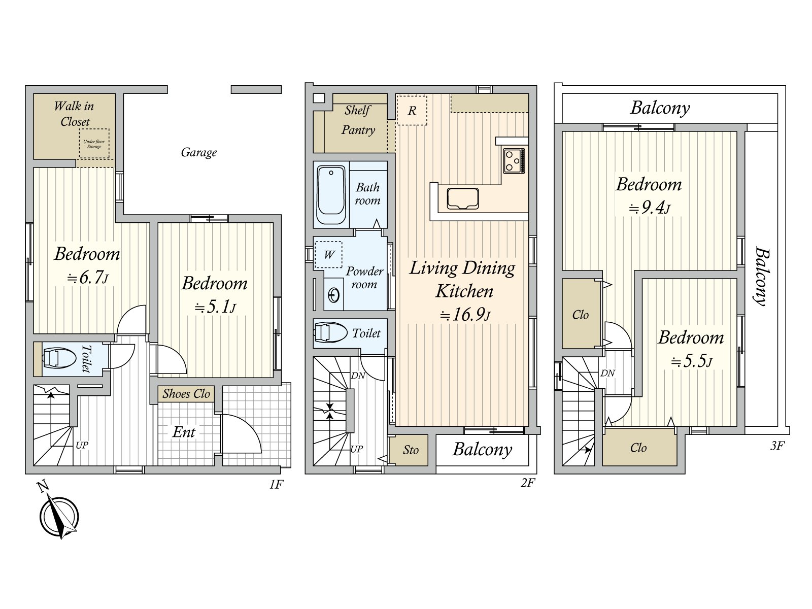 Newly built detached house of the 3-story bldg. As it is the 4LDK design that an LDK, washing face room, a bathroom was located to the 2nd floor part, whole family is easy to gather and can sit in a happy circle relaxedly. There is parking space to a 1st part (※ Depending on car type)