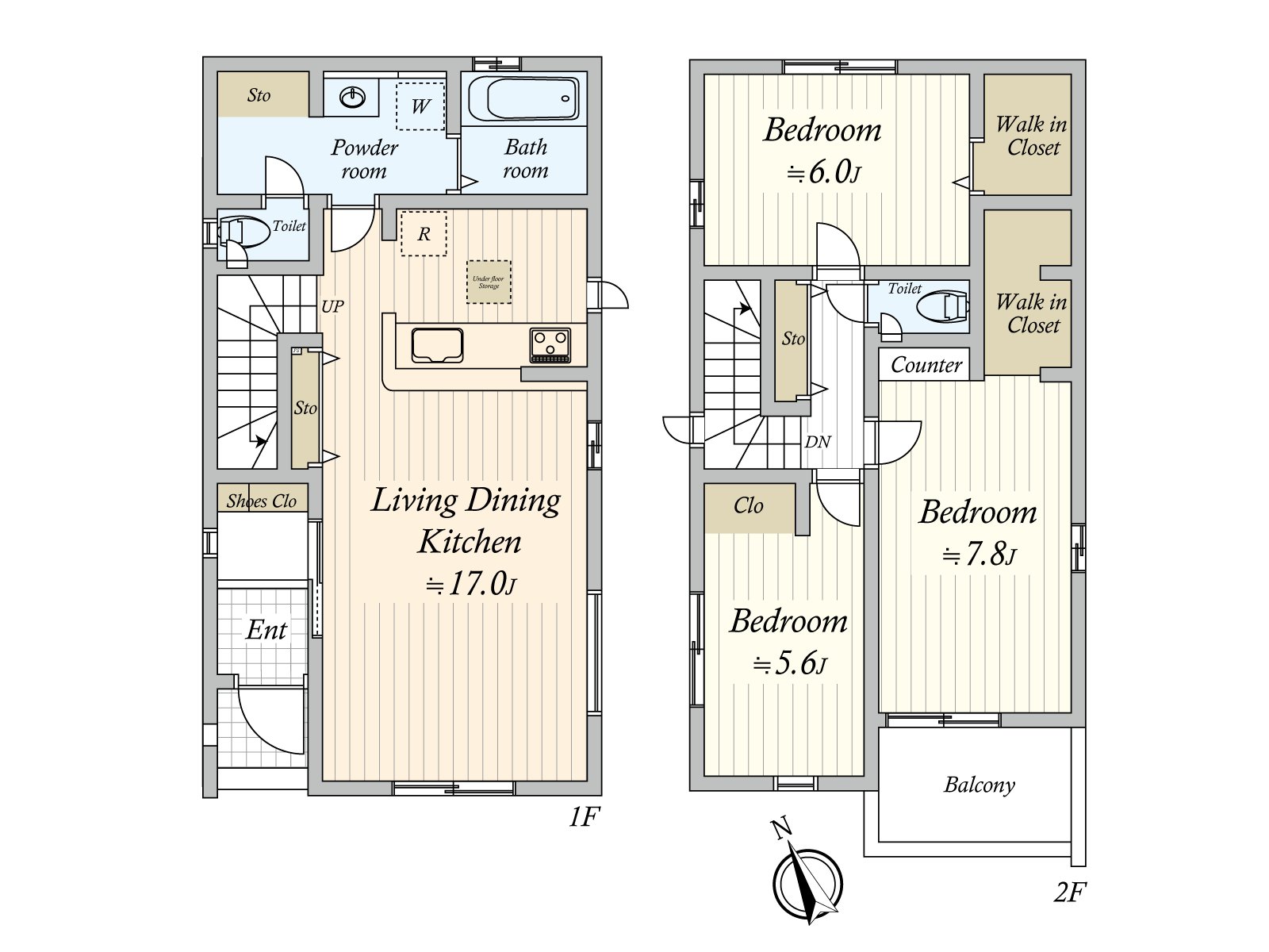 生活的主要的空間和LDK是約17張塌塌米面積。全居室有收納，能和感覺清醒保持住空間。廁所因為被在1樓和2樓設立所以也在來客的情況下便利。
