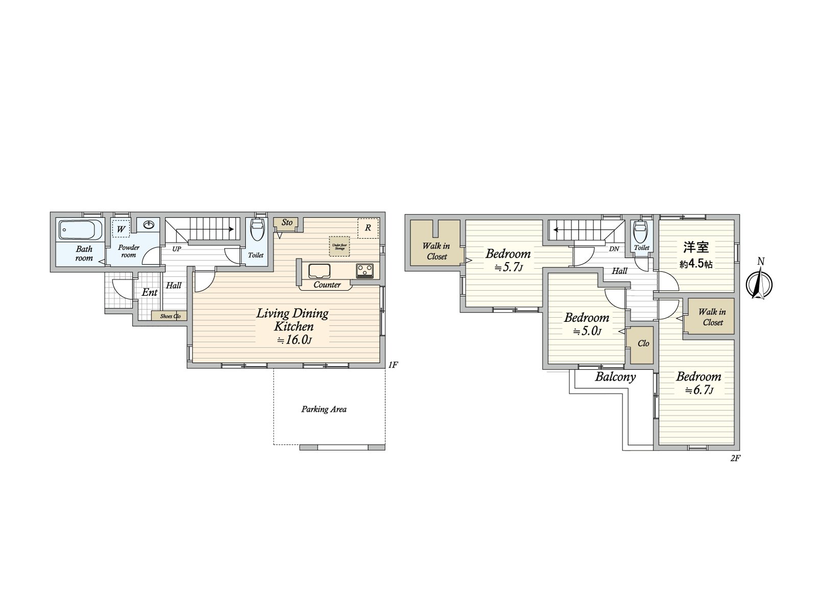 It is a house of 4LDK where each can have a room if it is a family of 4. A bathroom ･ washing face room ･ toilet is located in the corridor and is hard to be worried about a life sound and is the Plan that privacy is protected.