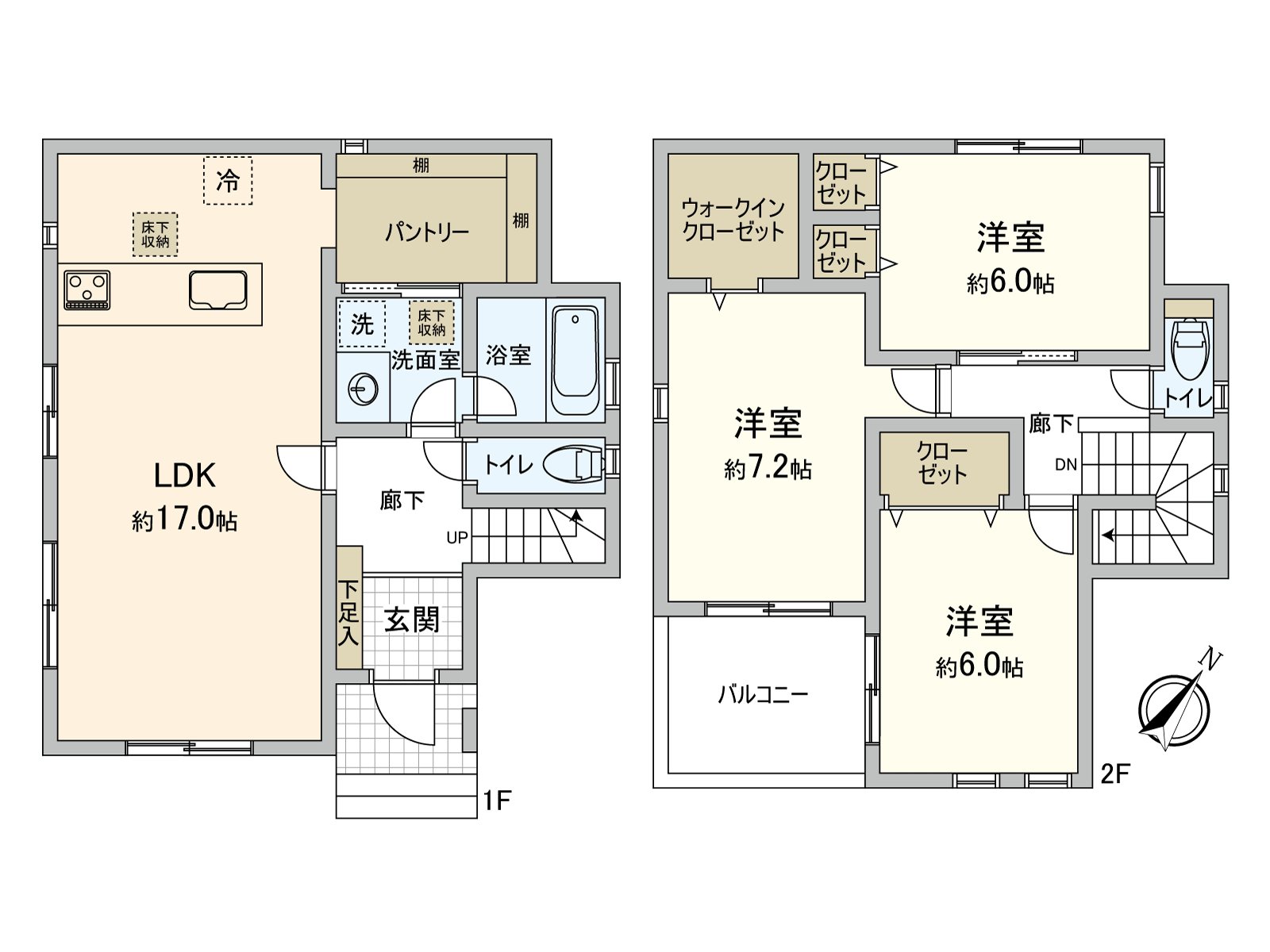 包括餐具室以及步入式衣帽间在内的丰富的收藏被准备的家。超过6张塌塌米全居室的面积被确保。