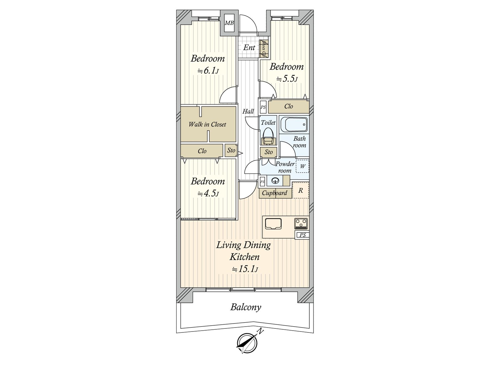 It is a dwelling unit of the 3LDK of the Southeast Orientation. Storage space is established in WIC and the everywhere including the corridor storing and can utilize house space effectively.