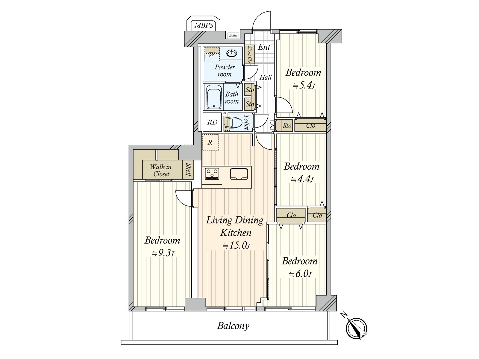约15.0张塌塌米LDK，可以和两个邻接的约6.0张塌塌米、约4.4张塌塌米的西式房间到底利用。洗的衣物容易干的南西的阳台被设立。