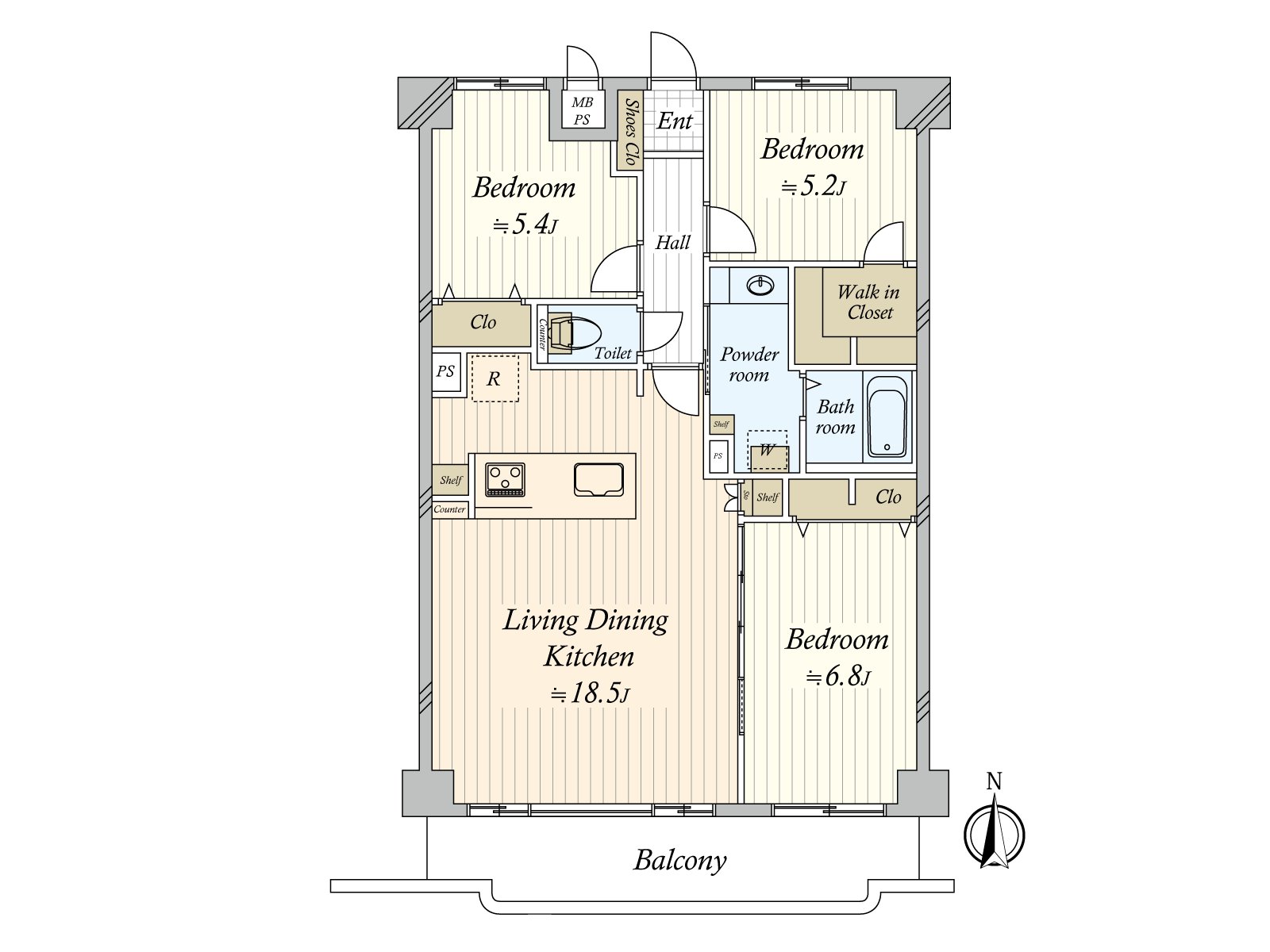为收纳被为全居室设定能广泛地使用住空間。生活的主要的空间和LDK，可以约18.5张塌塌米面积也与西式房间(约6.8张塌塌米)的1具利用。