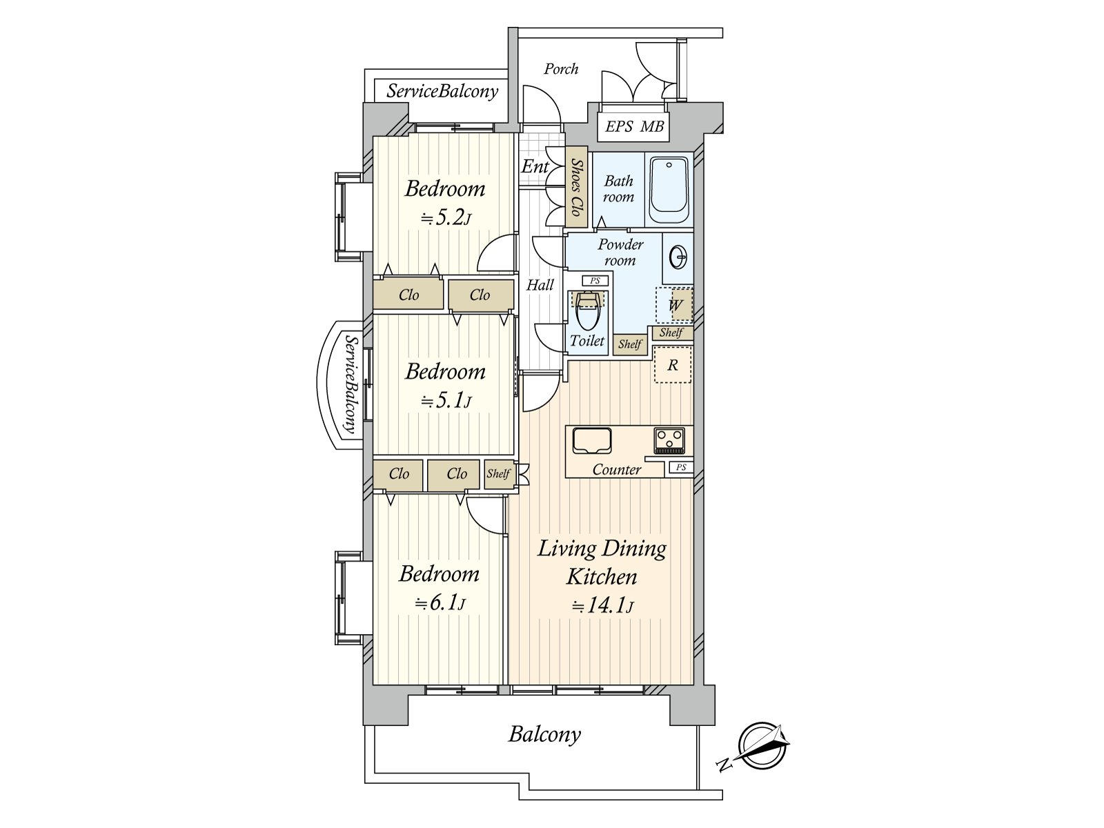 能從LDK和西式房間約6.1張塌塌米陽台進出。交流有進展的開放式廚房被采用。為在全居室有收納當做感覺清醒的生活實現。
