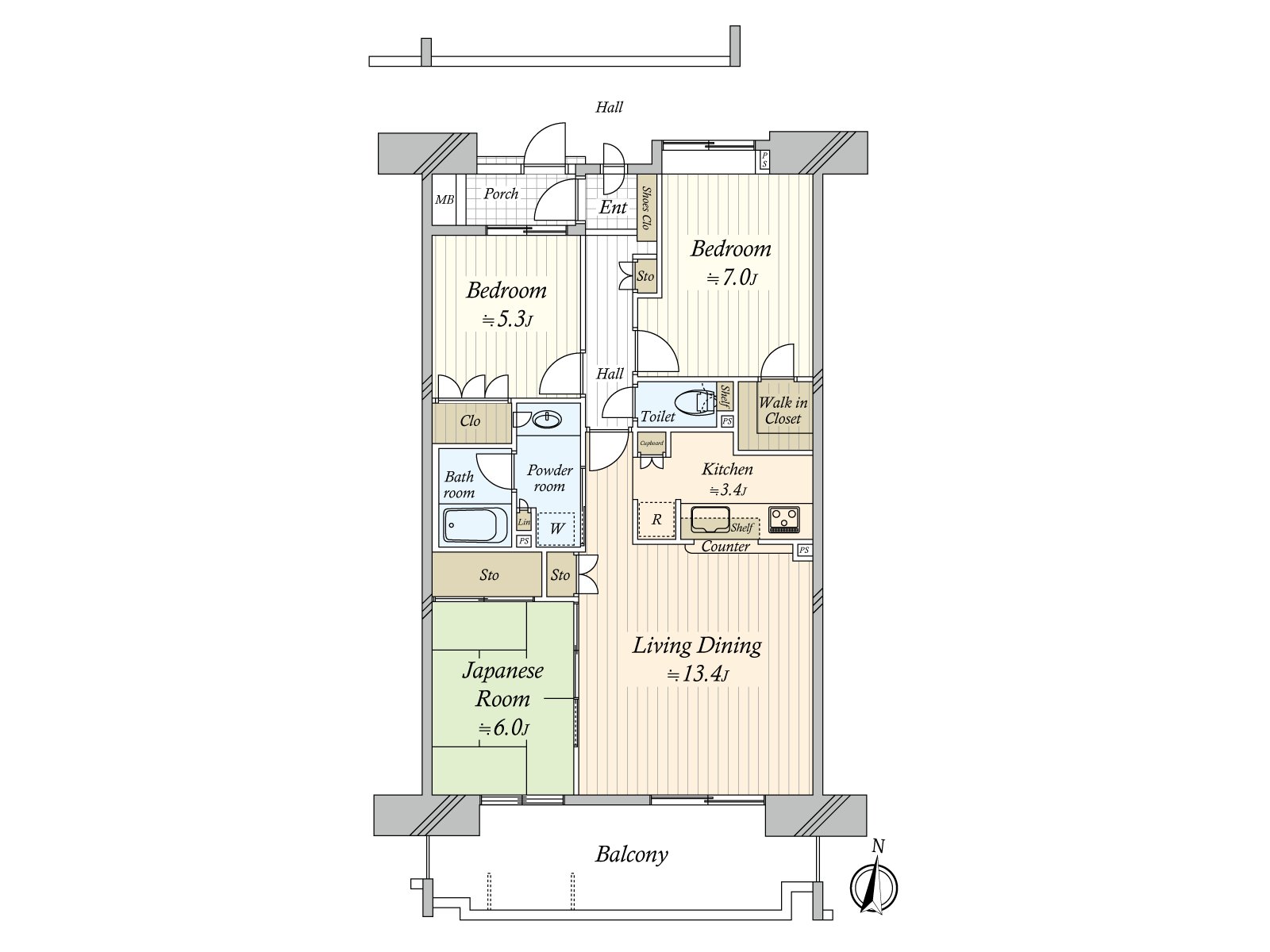 客餐厅，可以和邻接的日式房间到底利用。水周围被在厨房附近汇集，是作为家务流迹线良好度的房型。收纳被为全居室设定，能有效地灵活运用住空間。