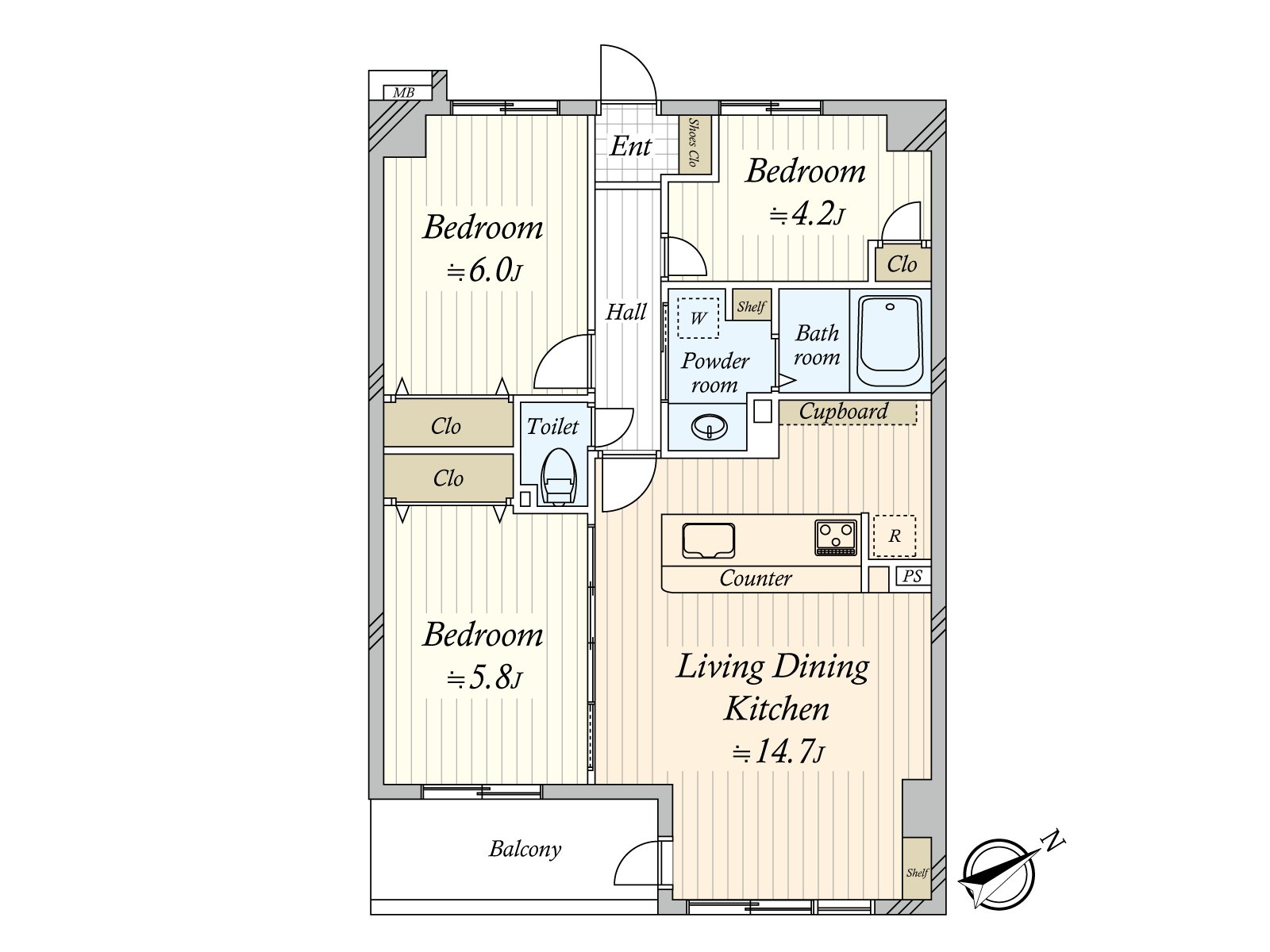能從LDK和約5.8張塌塌米西式房間的2個地方進出陽台。開口部是東南。