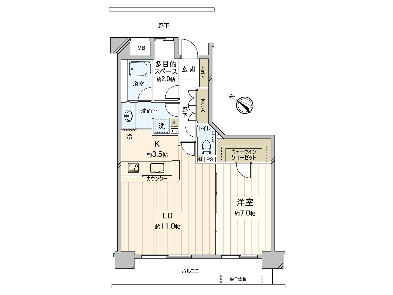 A 10-story bldg. 5th floor part, a Southwest Orientation dwelling unit of "1LDK." About 11.0 quires of living and about 7.0 quires of Western-style rooms are Plan facing the Southwest Terrace. There are about 2.0 quires of utility rooms where there is various how to use.