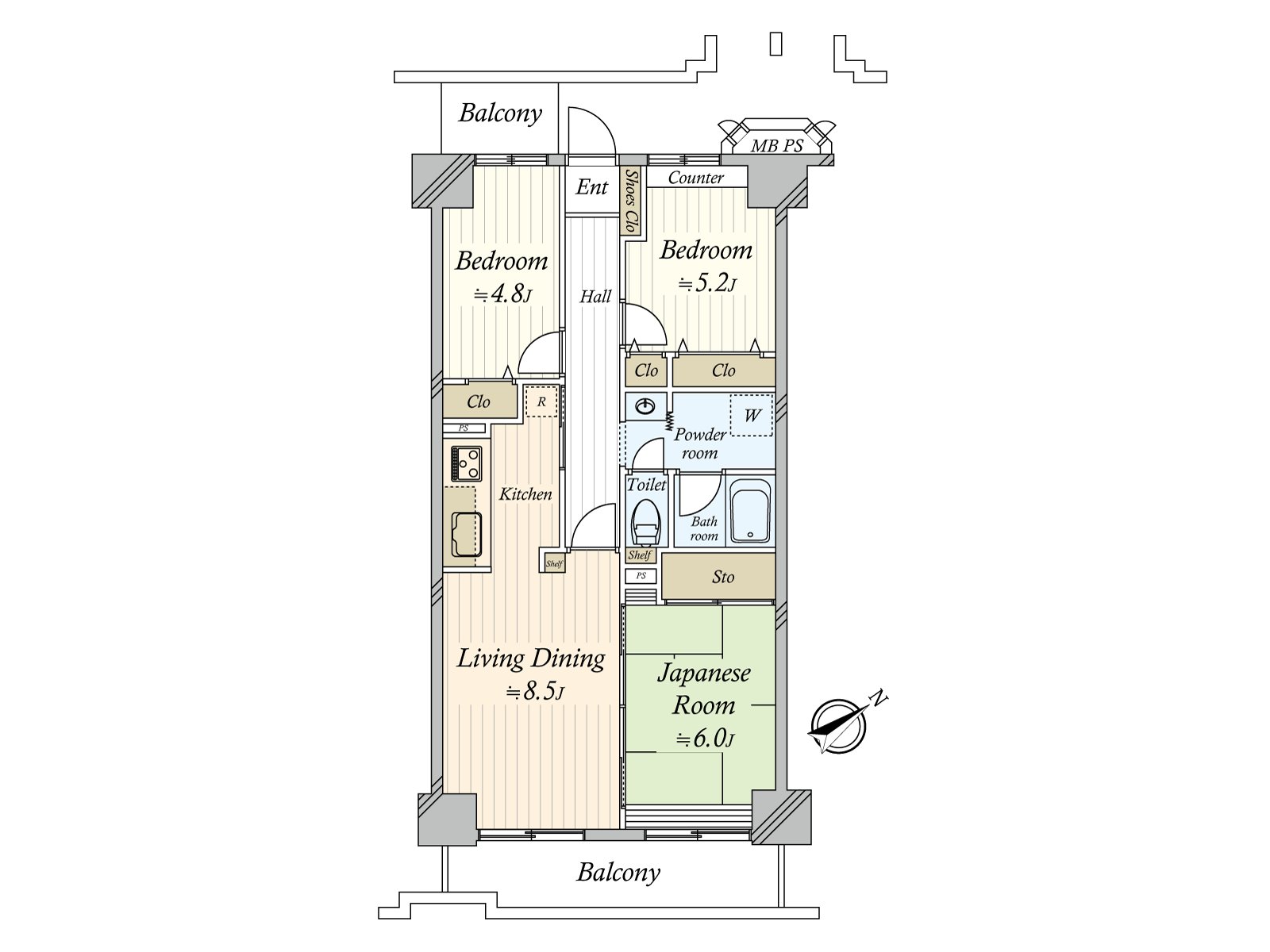 It is a good house of the ventilation that Terrace was established to two on the Southeast side and the Northwest side. As storage space is established in each Western-style room and Japanese-style room, I can utilize house space effectively.