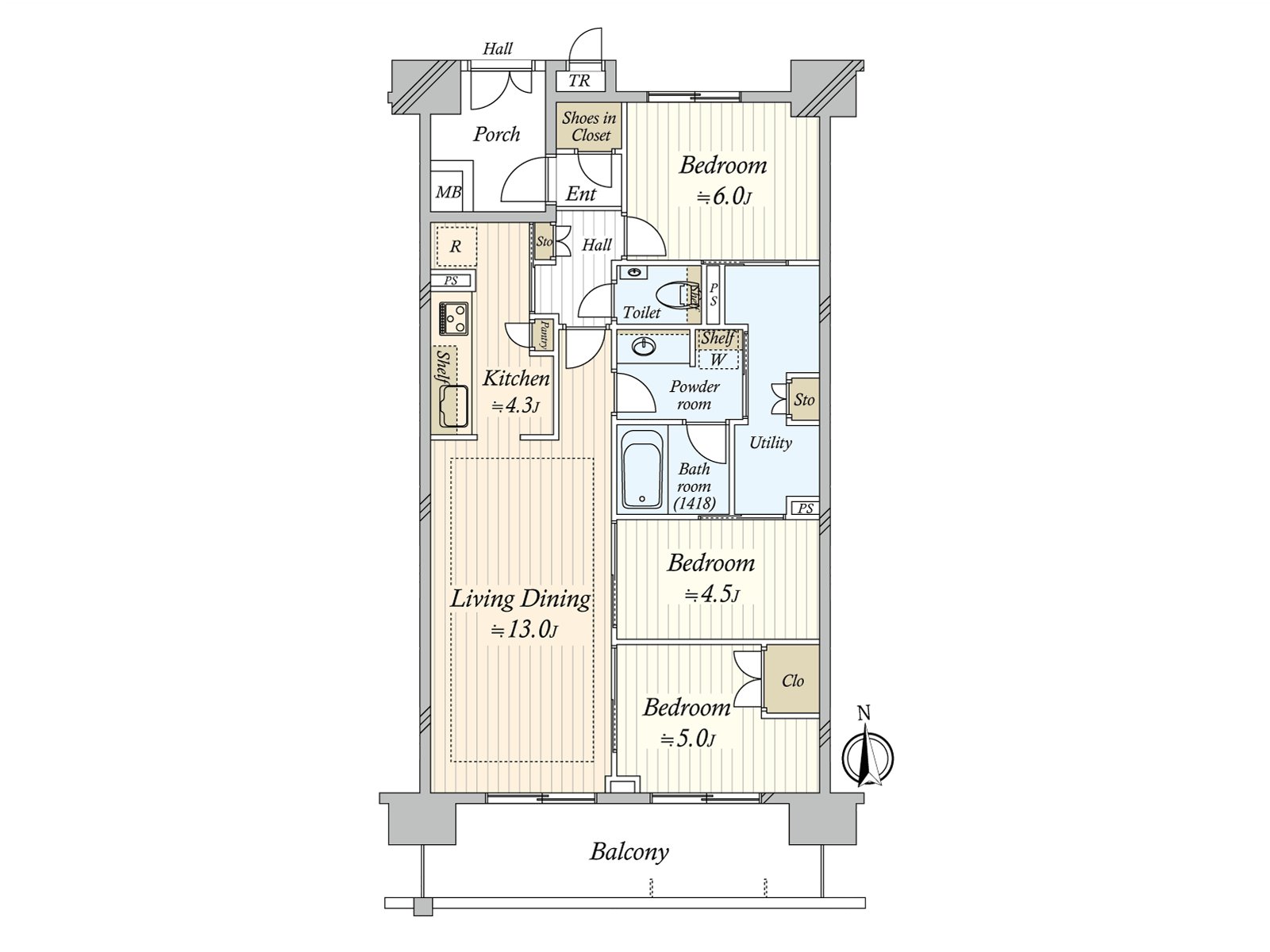作為地上6層的Mansion的5樓部分，陽光良好度的朝南的"3LDK。"餐具室或者走入式鞋櫃是對家族好的收納豐富的家。