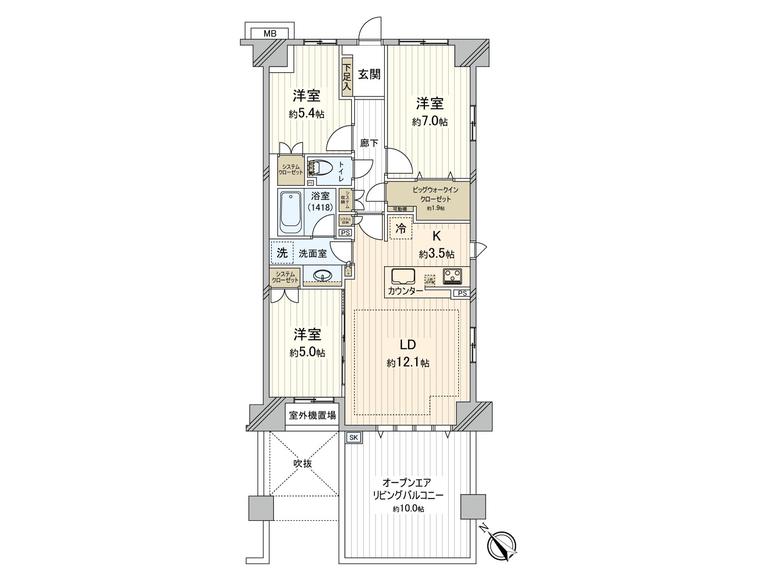 私人使用面積73.96平方公尺的3LDK