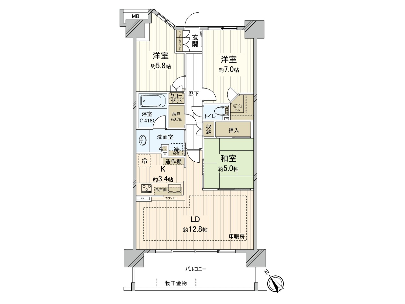 实际使用面积77.05平米的3LDK。用分售时候选项，设置厨房固定碗橱，洗衣机堆放处上部的吊戸棚，门口穿衣镜。是有储藏室以及步入式衣帽间的收纳丰富的房型