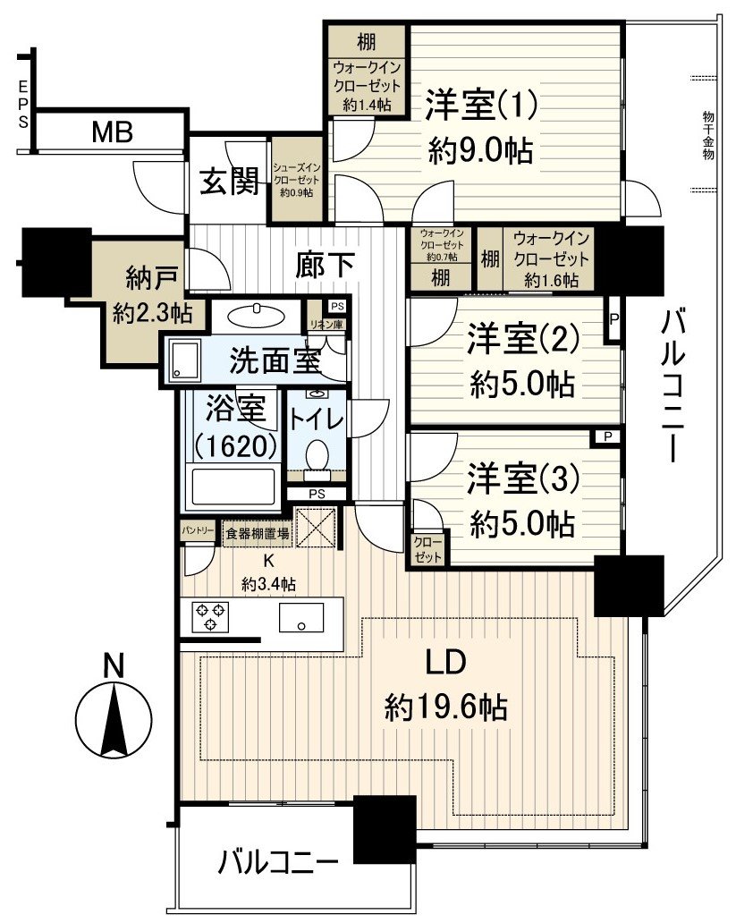3LDK、東南邊間