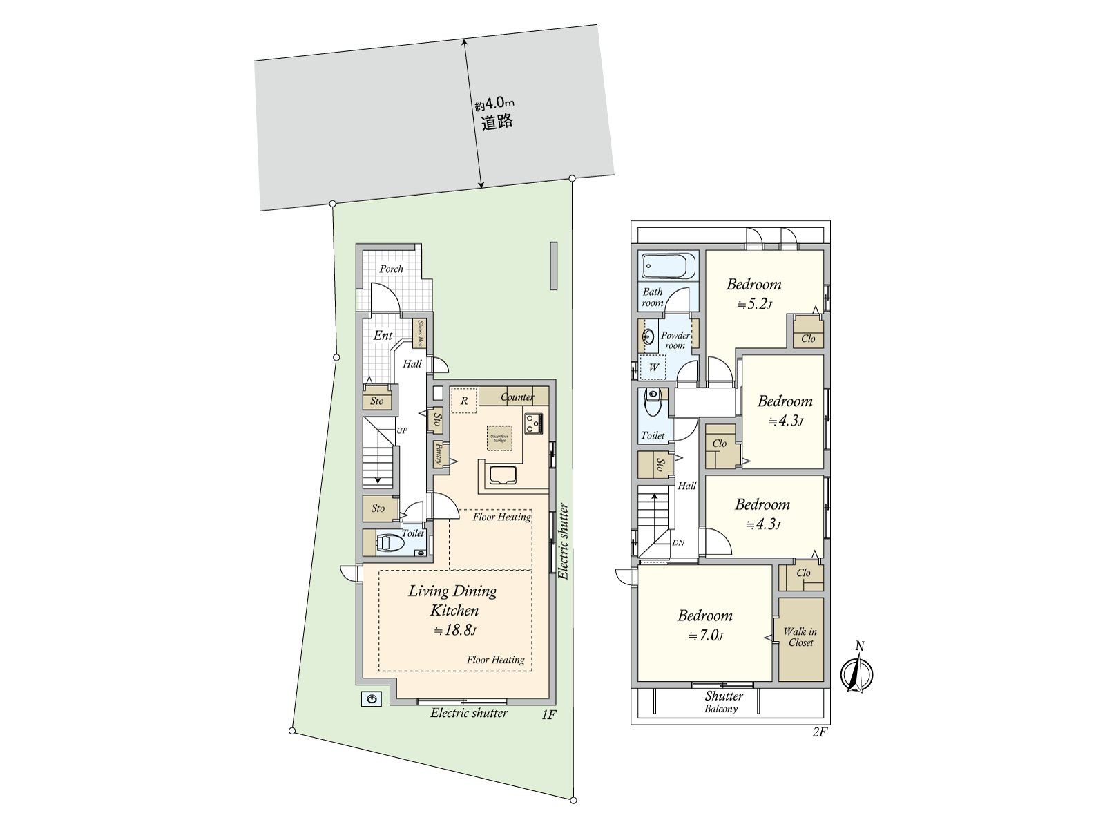 120.00 square meters of Gross land area (1F: 60.09 square meters of /2F: 59.91 square meters), Land area 106.06 square meters, 4LDK, Price 159 million yen