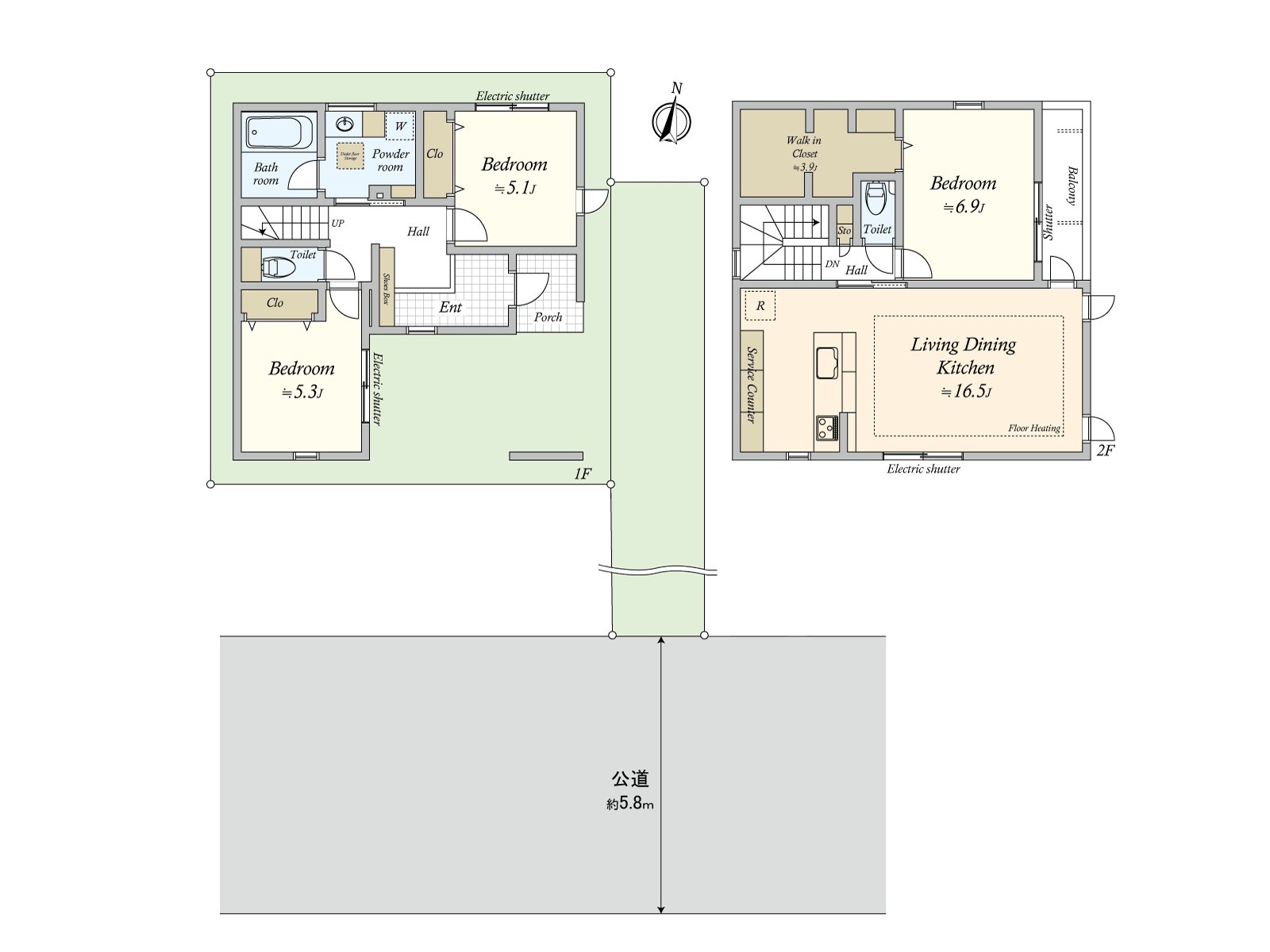 108.65 square meters of Gross land area (1F: 56.25 square meters, 2F: 52.40 square meters), Land area 111.96 square meters, 3LDK, Price 154.8 million yen