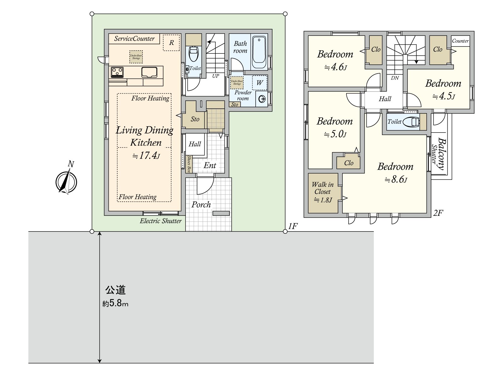 104.74 square meters of Gross land area (1F: 52.37 square meters of /2F: 52.37 square meters), Land area 88.00 square meters, 4LDK, Price 184.8 million yen