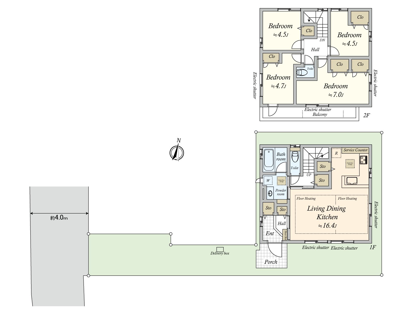 92.74 square meters of Gross land area (1F: 46.37 square meters of /2F: 46.37 square meters), Land area: 107.20 square meters, 4LDK, Price 149.8 million yen