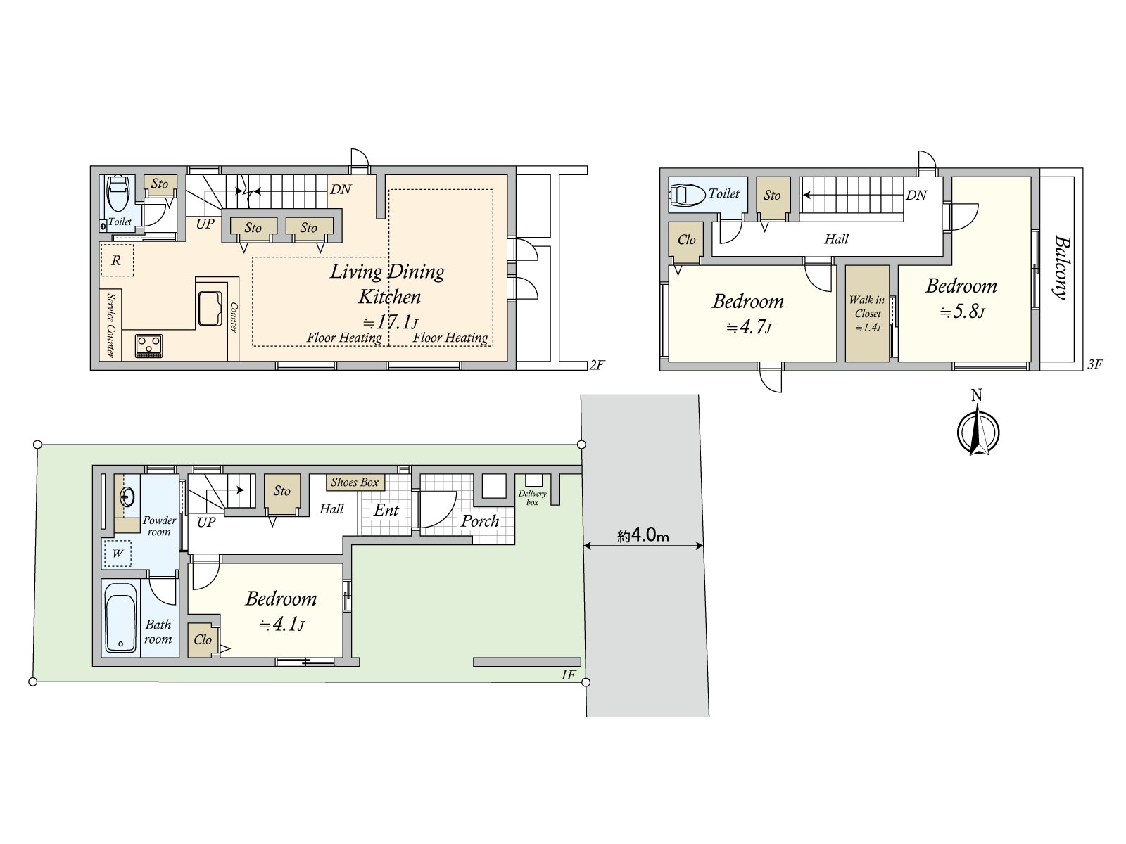 100.02 square meters of Gross land area (1F: 34.50 square meters of /2F: 34.58 square meters of /3F: 30.94 square meters), Land area 57.83 square meters, 3LDK, Price 171.8 million yen