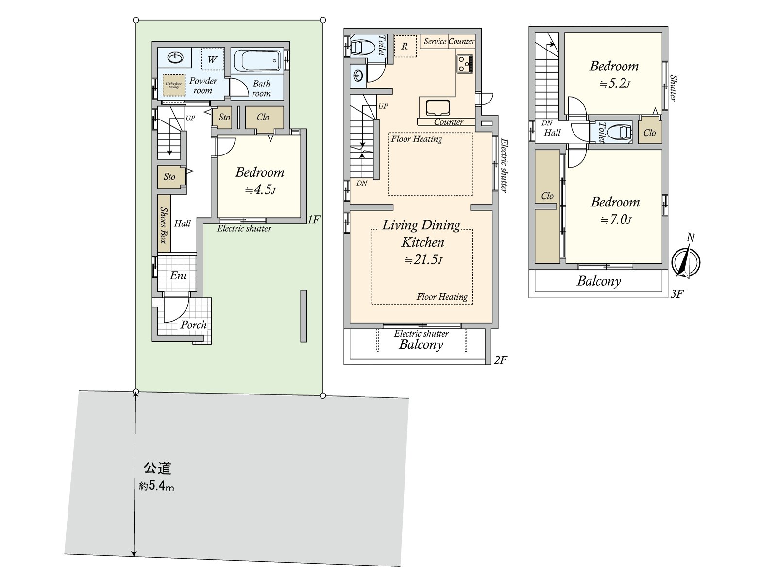 使用面积112.61平米(1F:42.64平米/2F:40.16平米/3F:29.81平米)，土地面积69.78平米，3LDK，价格14,380万日元