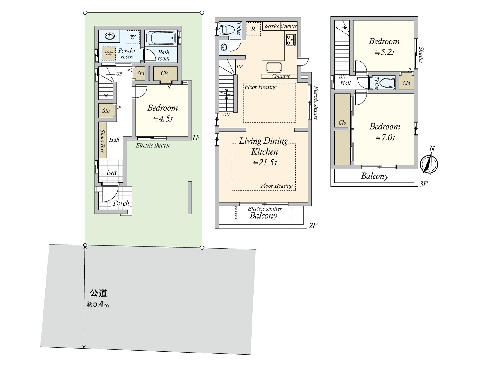 使用面积112.61平米(1F:42.64平米/2F:40.16平米/3F:29.81平米)，土地面积67.72平米，3LDK，价格14,380万日元