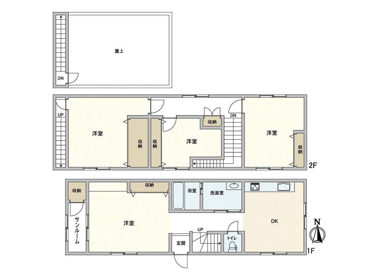 是从属于屋顶的二层楼的二手的独栋住宅。