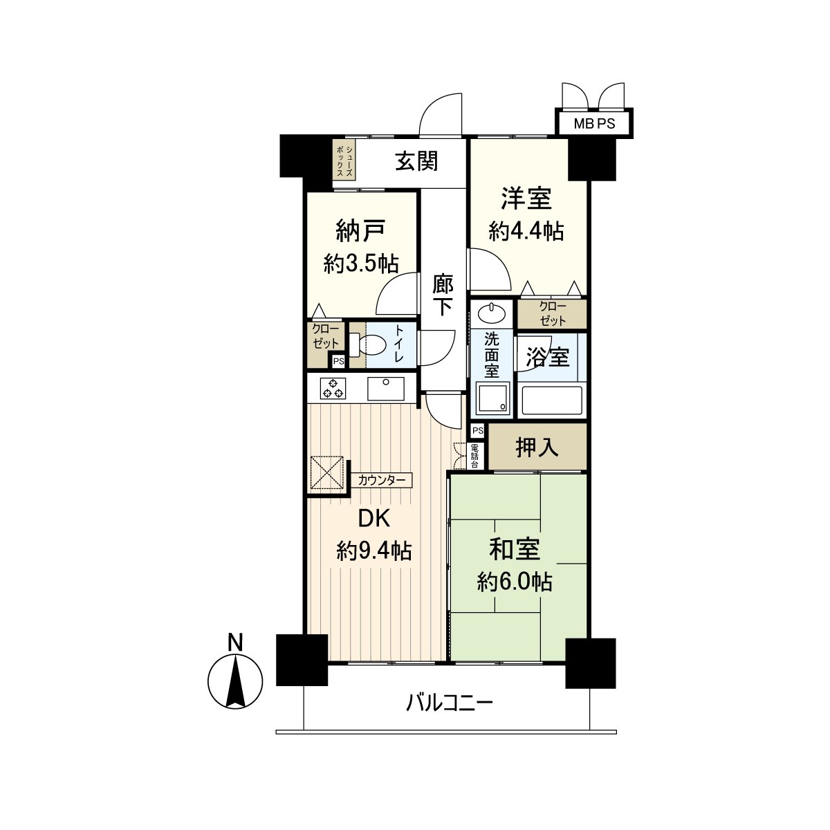 It is a room of 2SDK located in the 9-story 4th floor part.