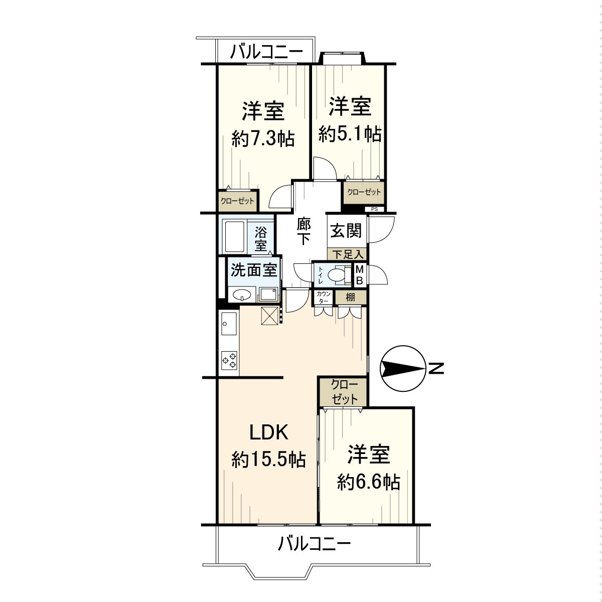 是位於5層樓2樓部分的3LDK的房間。
