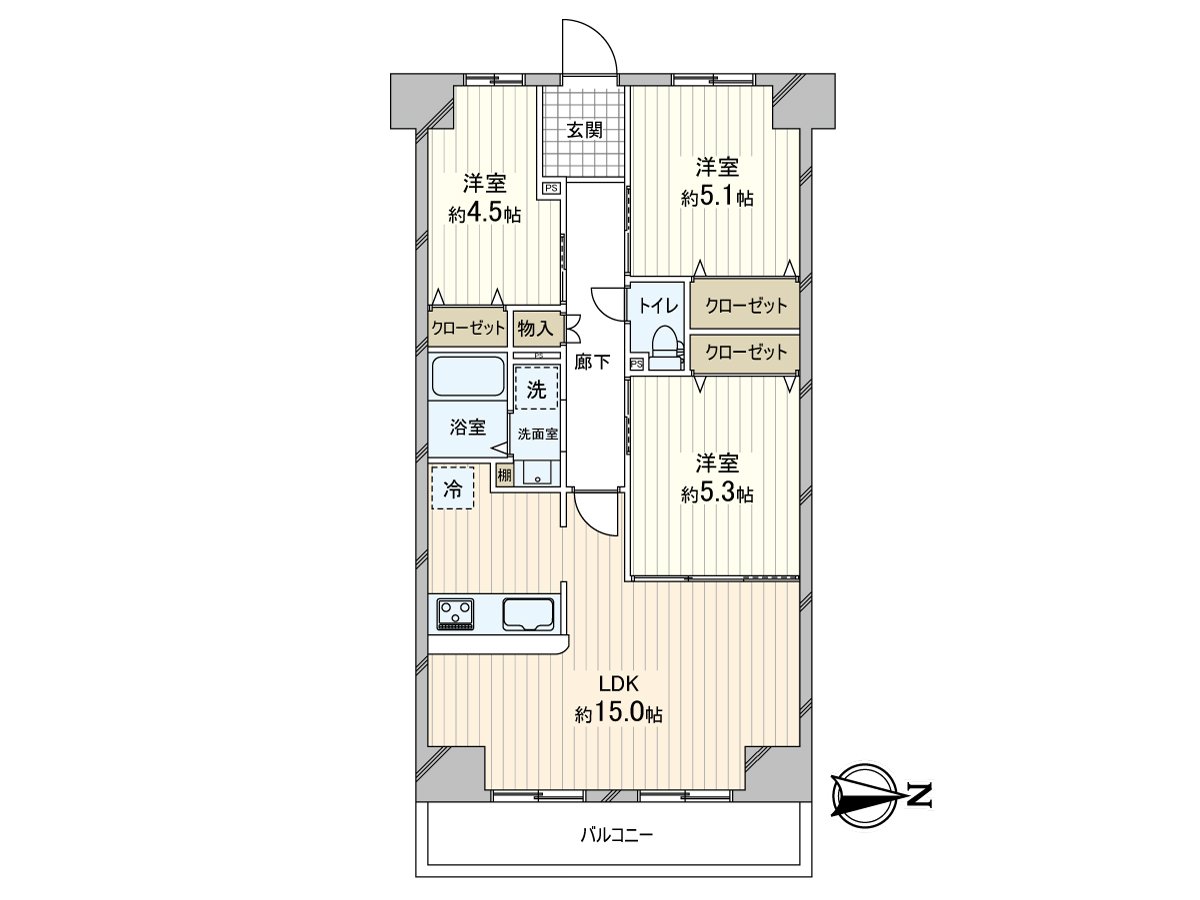 是位于15层楼12楼部分的3LDK的房间。