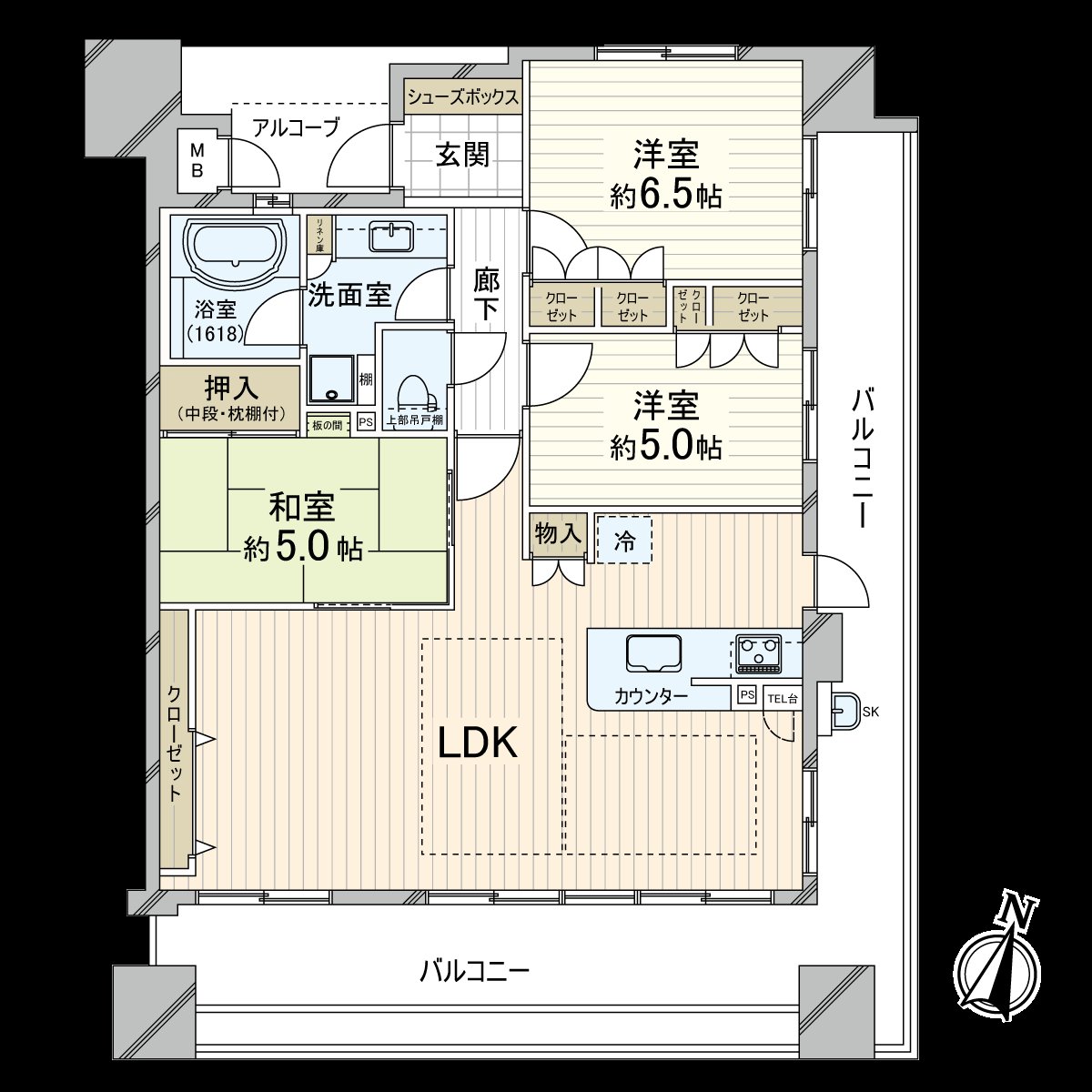 是采光、通風關於東南邊間良好的3LDK的房間。