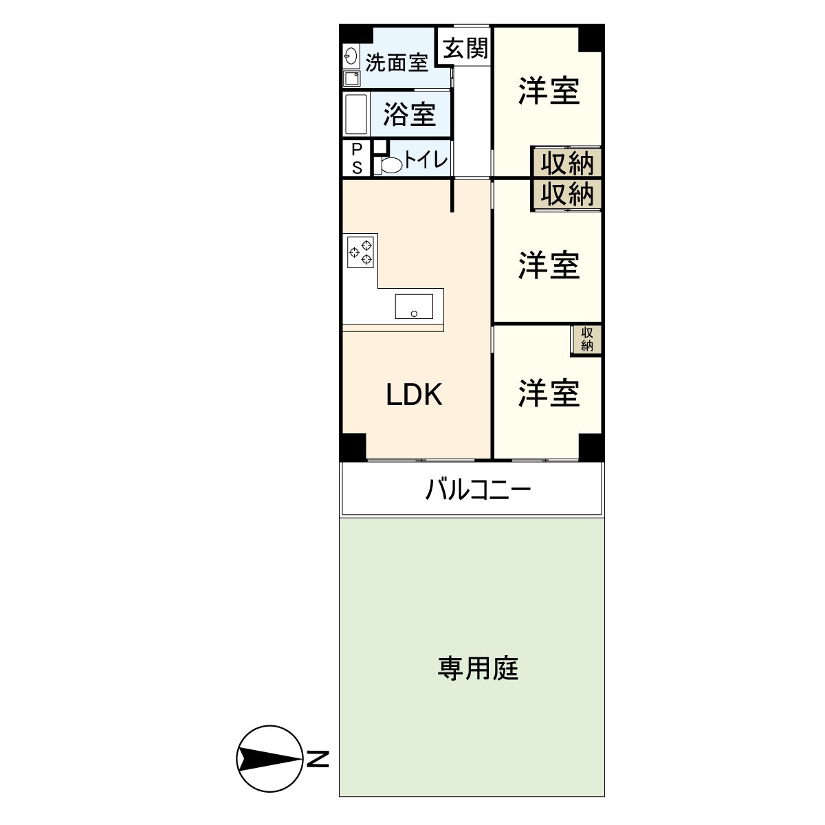 是位于7层楼1楼部分的3LDK的房间。