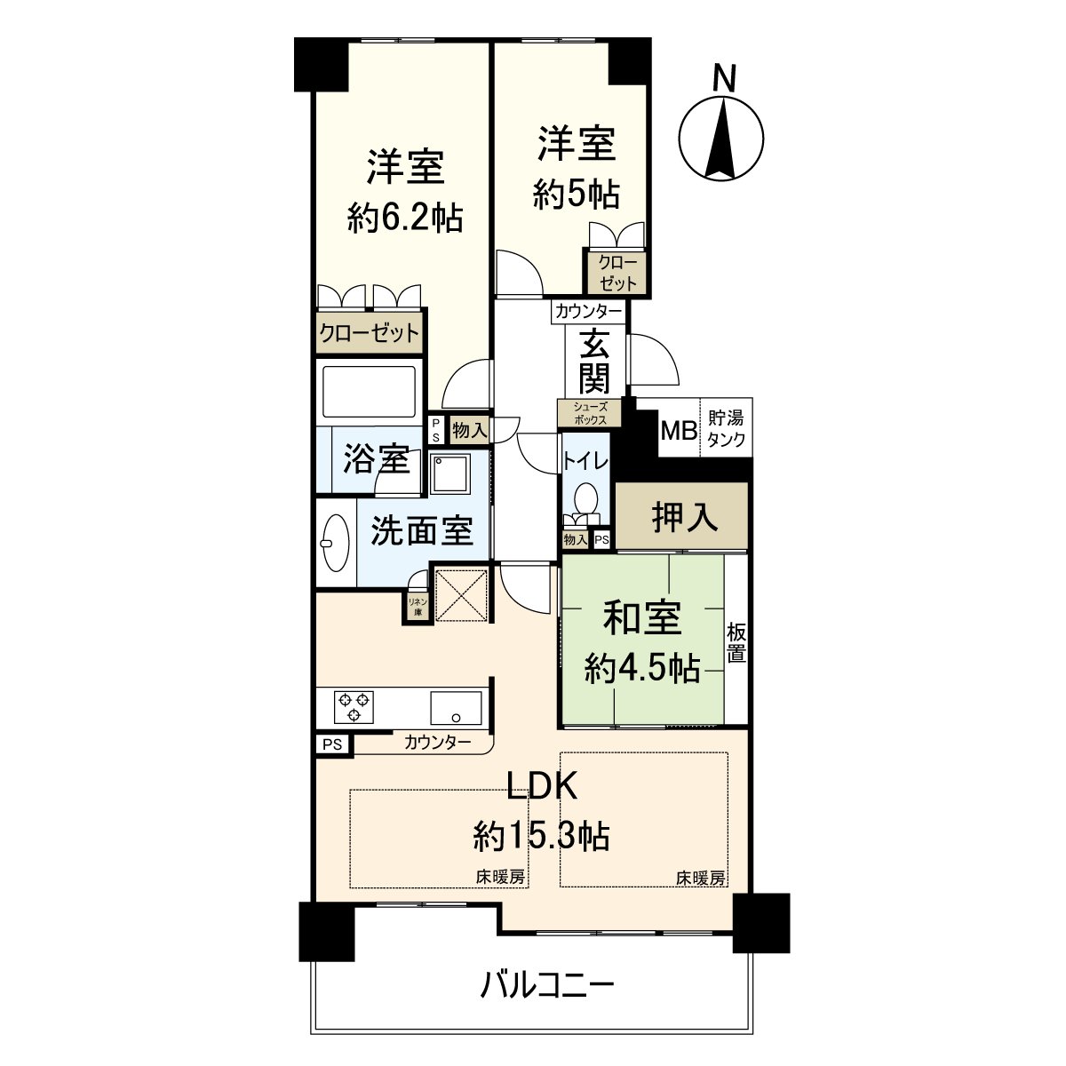 是位於6層樓2樓部分的3LDK的房間。