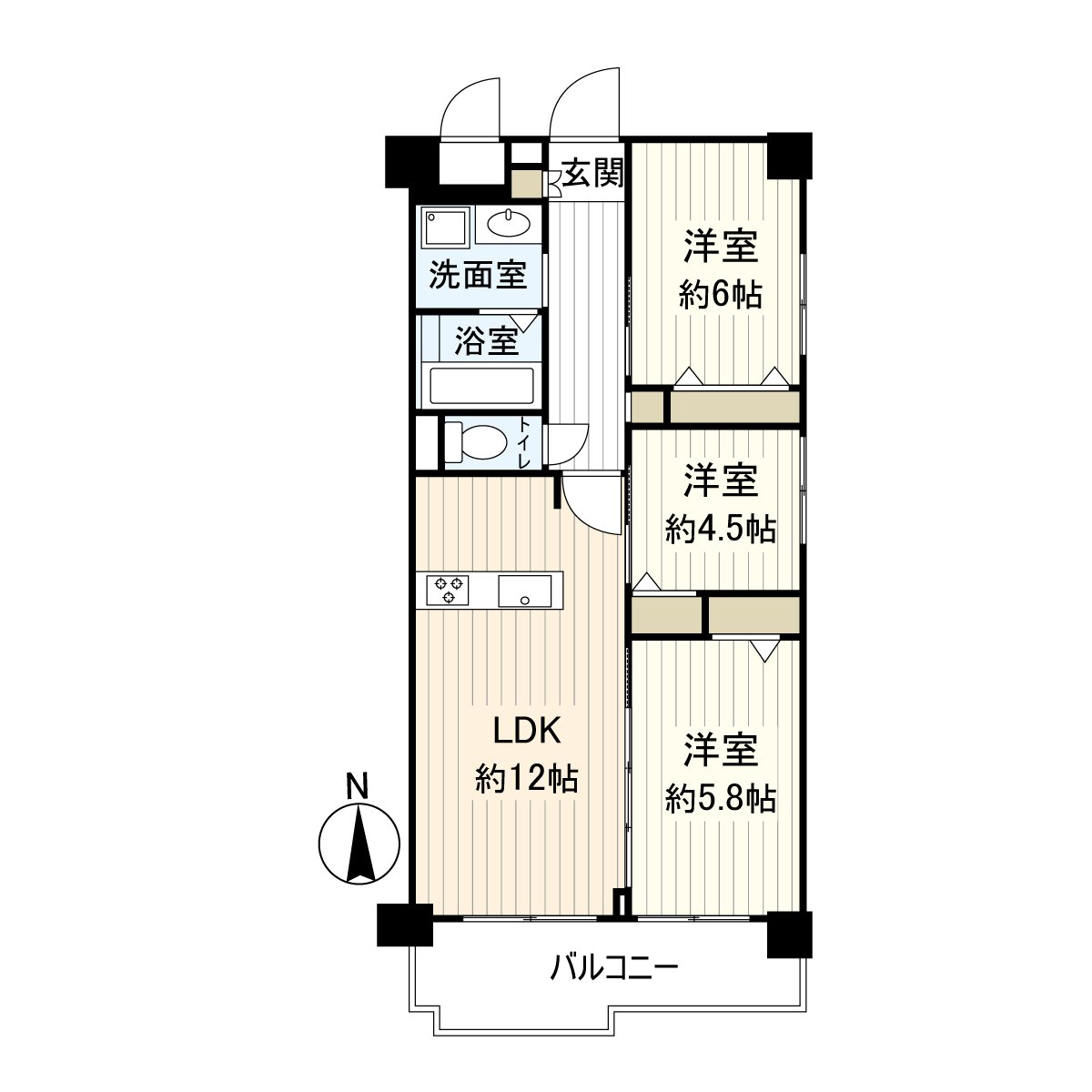 是位於12層樓7樓部分的3LDK的房間。