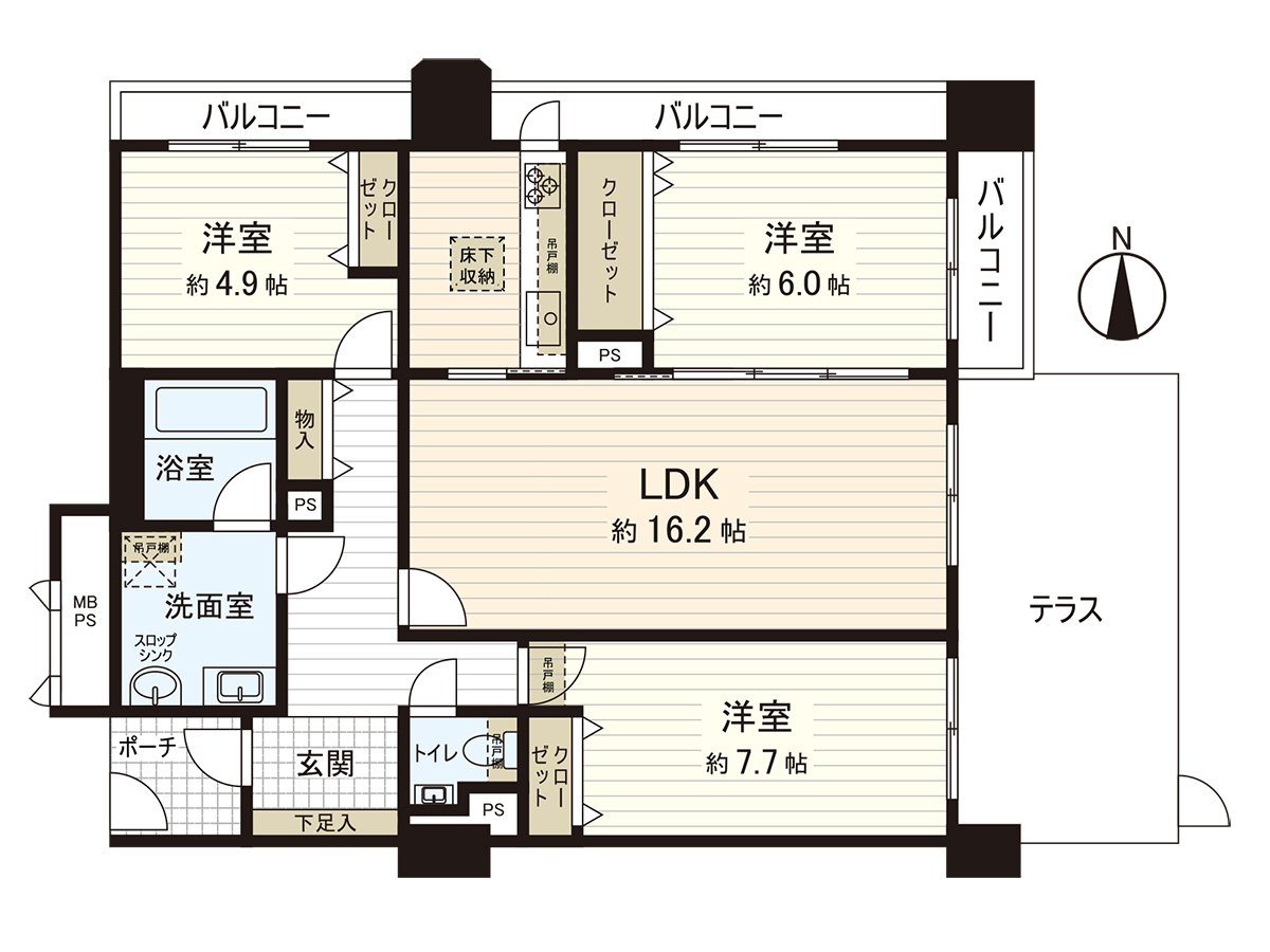 是位于1楼部分的3LDK的房间。有Terrace、玄关空间的采光房。全房间有窗，采光、通风良好♪有约2.7m，也对开放感觉感到天花板高度。