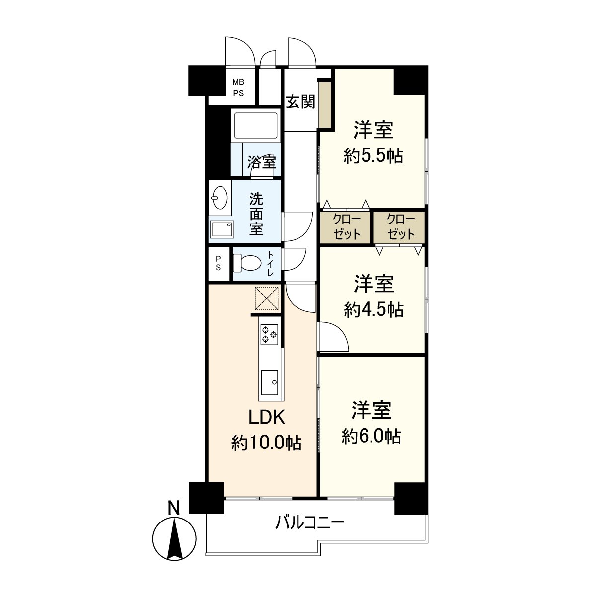 It is a room of the 3LDK located in the 9-story 5th floor part.