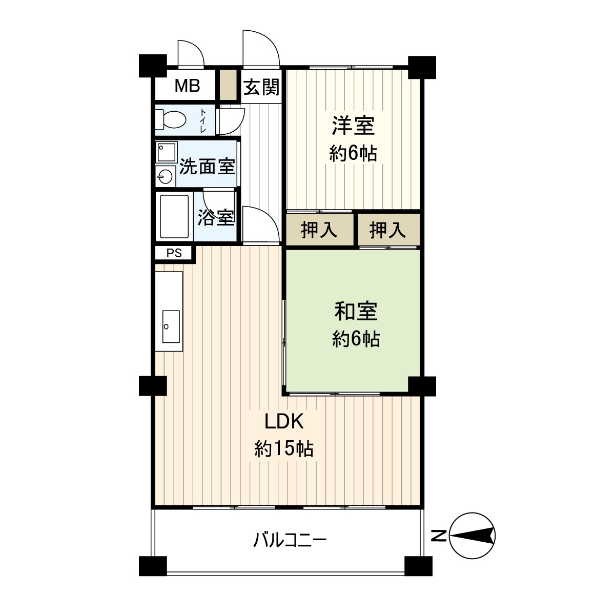 是位於6層樓2樓部分的2LDK的房間。