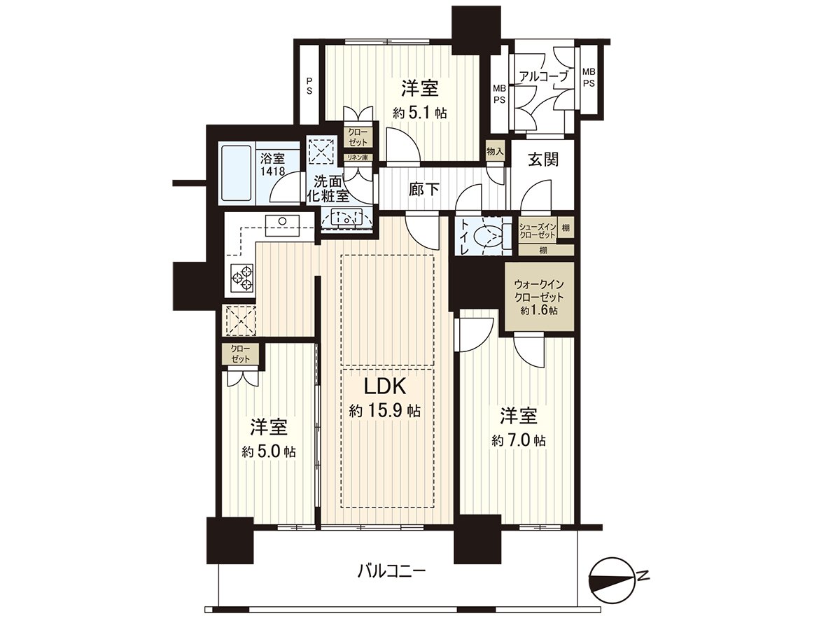16楼东面朝向的3LDK的房型。因为没有前面栋所以阳光、通风、风景良好♪
