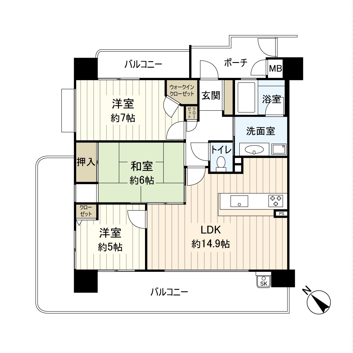 It is 3LDK, corner unit located in the 12-story 11th floor part.