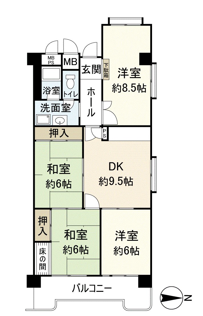 是位于6层楼5楼部分的4DK的房间。