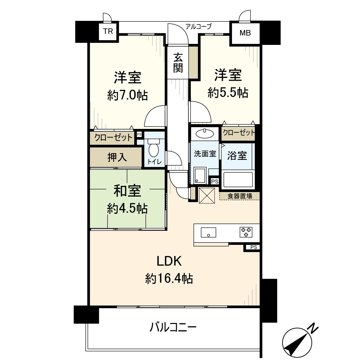 是位於15層樓1樓部分的3LDK的房間。