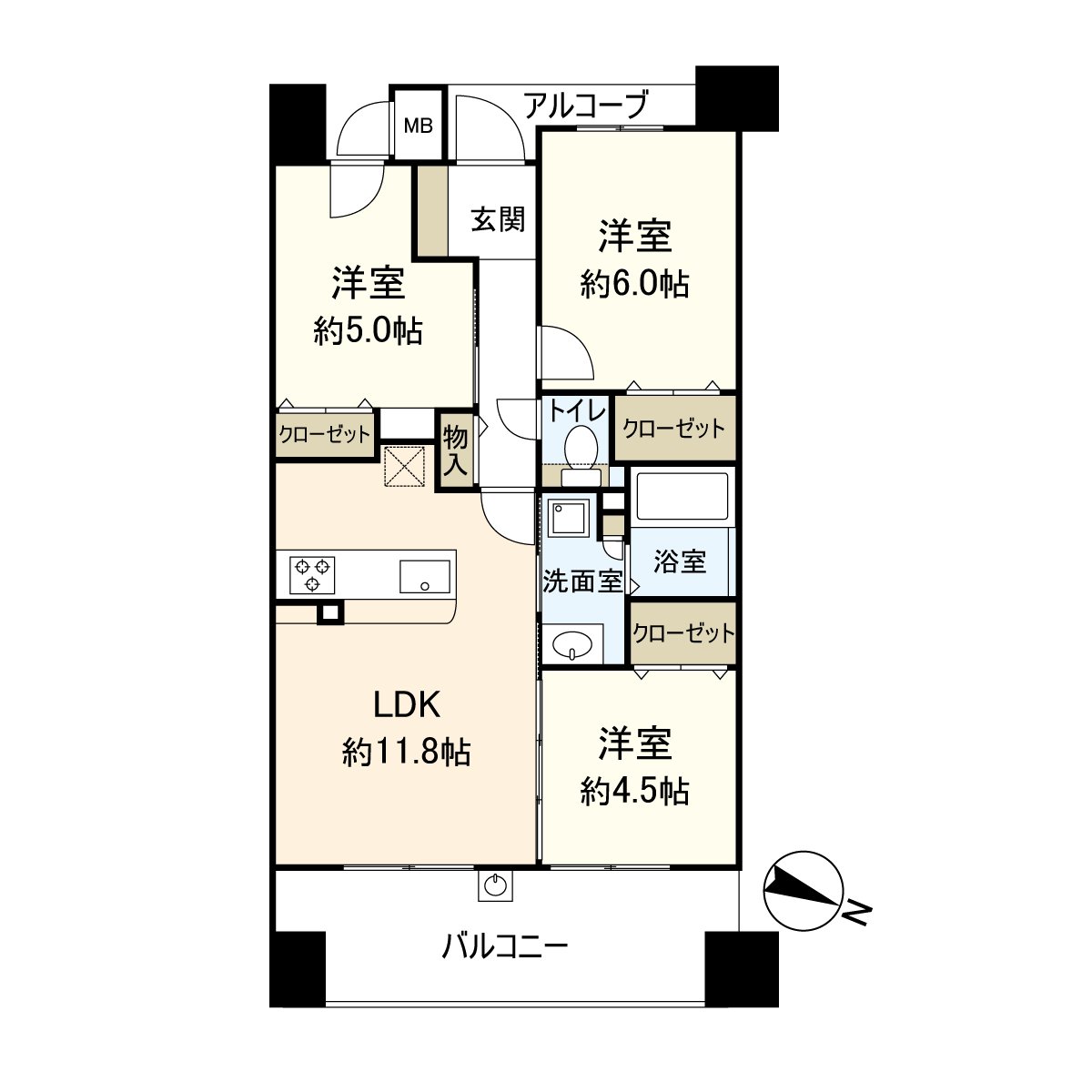 是位于15层楼4楼部分的3LDK的房间。
