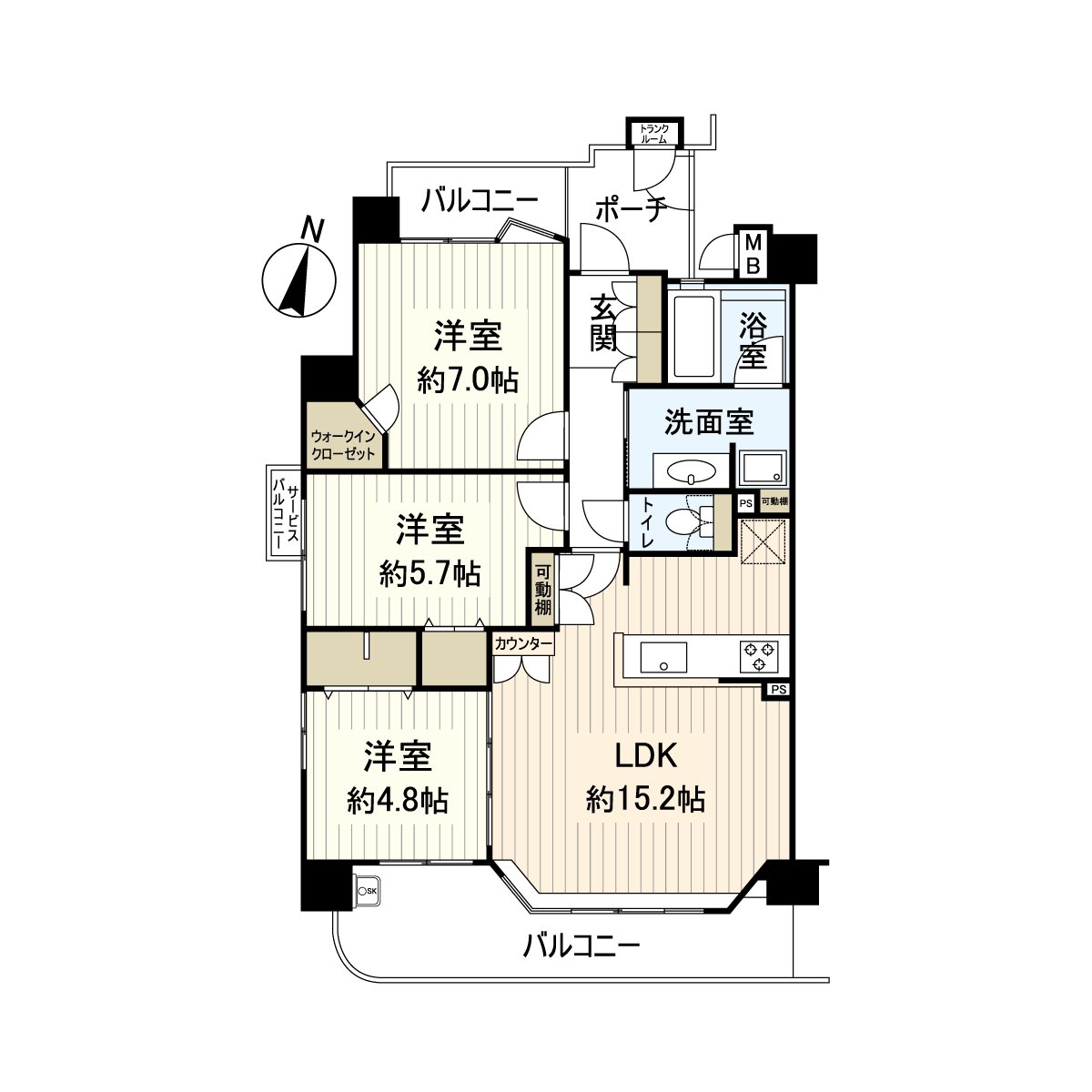 It is a room of the 3LDK located in the 7-story 2nd floor part.