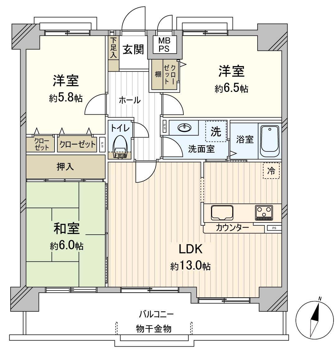 平面圖。是3LDK的房型。亮的陽光為朝南插進去。