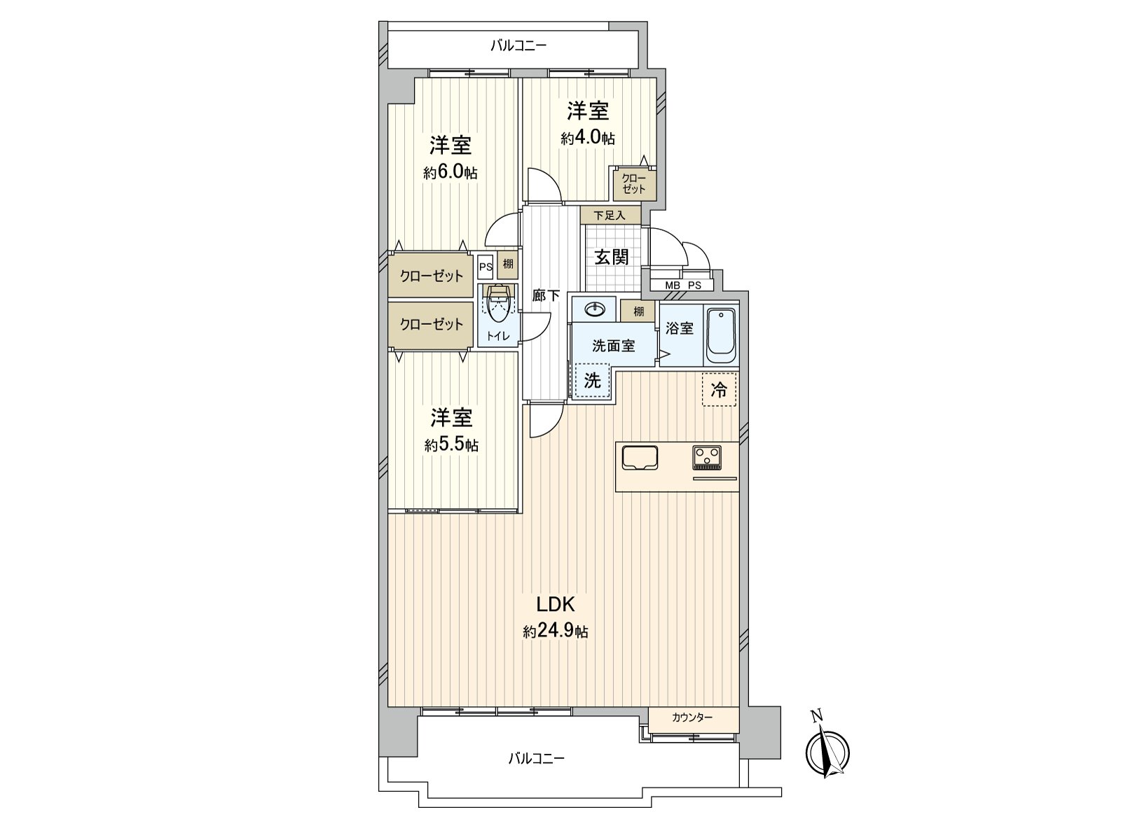 平面圖、LDK用寬敞的約24.9張塌塌米可以度過家族團聚的時間。通風根據兩面陽台良好。房屋的詳細、需討論是如感興趣,歡迎請隨時聯繫我們。