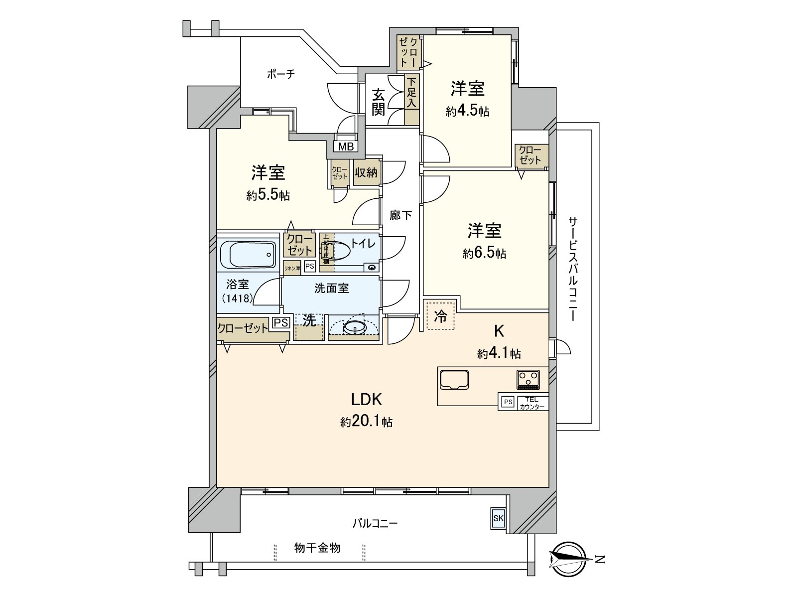 以约20.1张塌塌米LDK为中心有3LDK的舒适的房型。开放式的厨房用约4.1张塌塌米是客厅·餐厅和有一体感的版面设计。